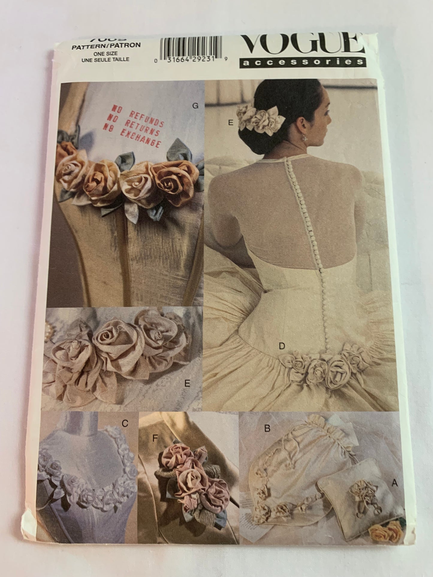 Vogue Sewing Pattern 7009 Misses' Bridal Accessories, Gift Bag, Ring Pillow, Neckline, Flower, Hairpiece, Corsage, Cut, 2001