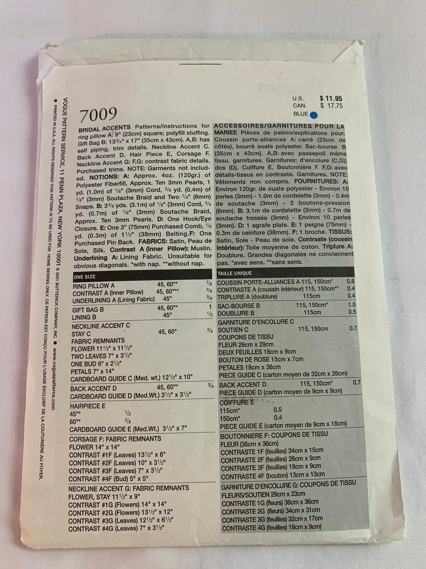 Vogue Sewing Pattern 7009 Misses' Bridal Accessories, Gift Bag, Ring Pillow, Neckline, Flower, Hairpiece, Corsage, Cut, 2001