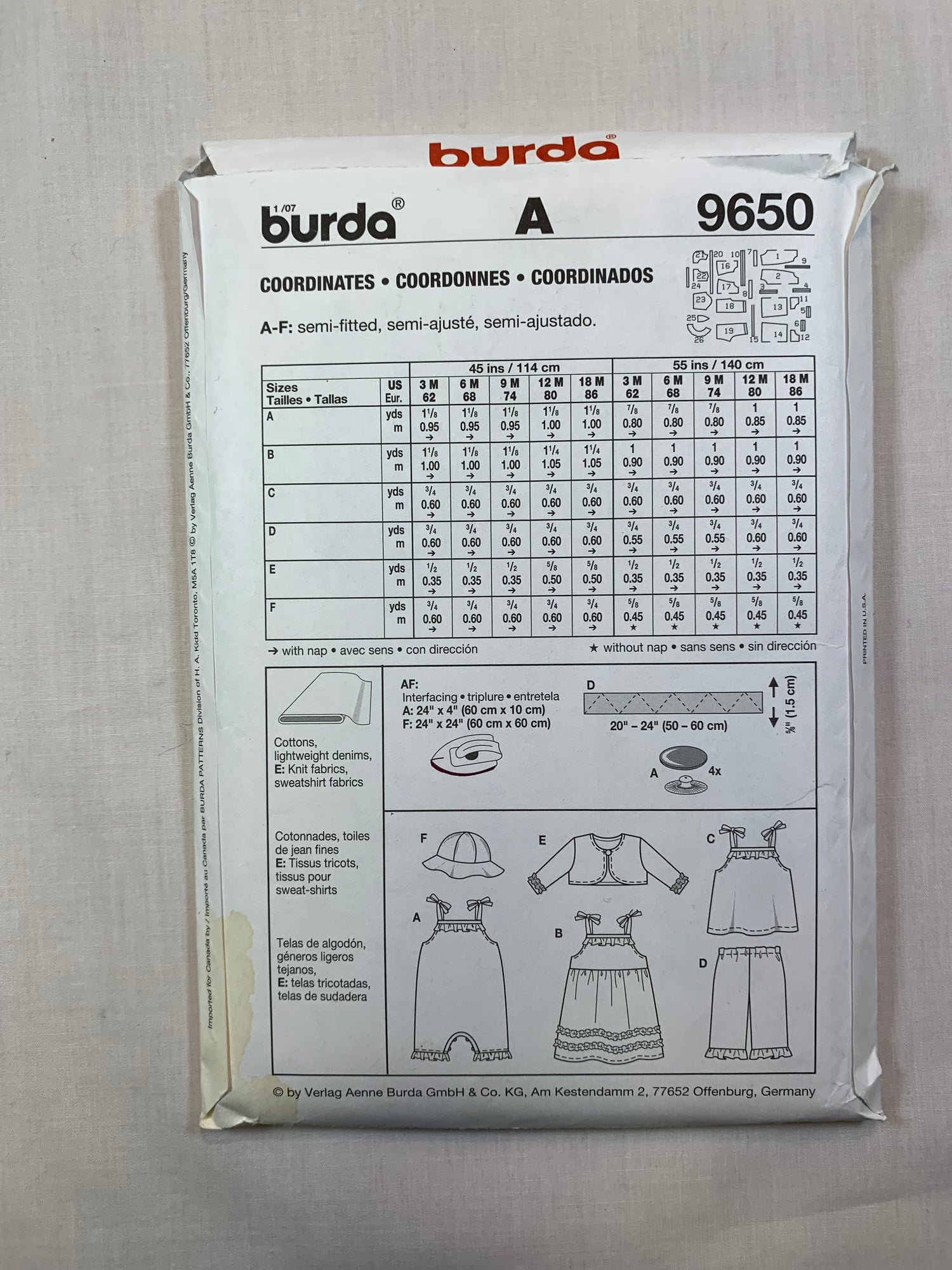 Burda Sewing Pattern 9650 Infant's Baby Rompers, Dress, Jacket, Top, Pants, Hat, Size 3-18 Months, Cut, 2015