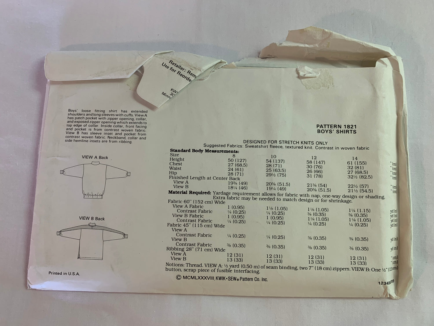 KWIK Sewing Pattern 1821 Boys' Shirts, Long Sleeves, Collar, Loose-Fitting, Cuffs, Pocket, Zipper Front, Size 8-14, Cut, Vintage 1989