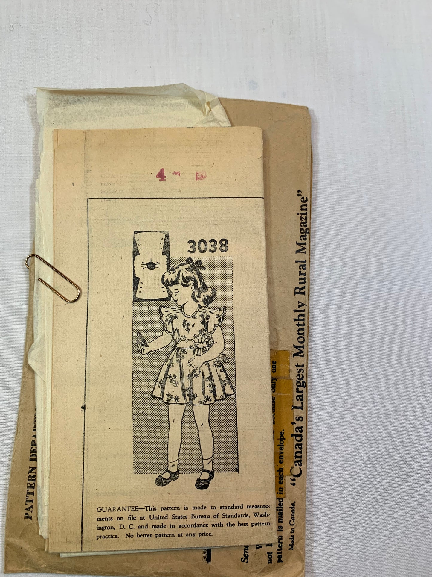Mail Ordered Sewing Pattern 3038 Girls' Dress, Size 4, Cut, Vintage 1958