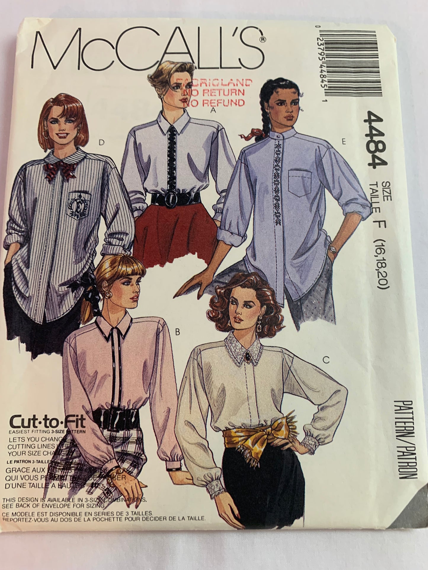 McCall's Sewing Pattern 4484 Misses' Blouse, Long Sleeves, Pocket, Shirts, Size 16-20, Uncut, Vintage 1989