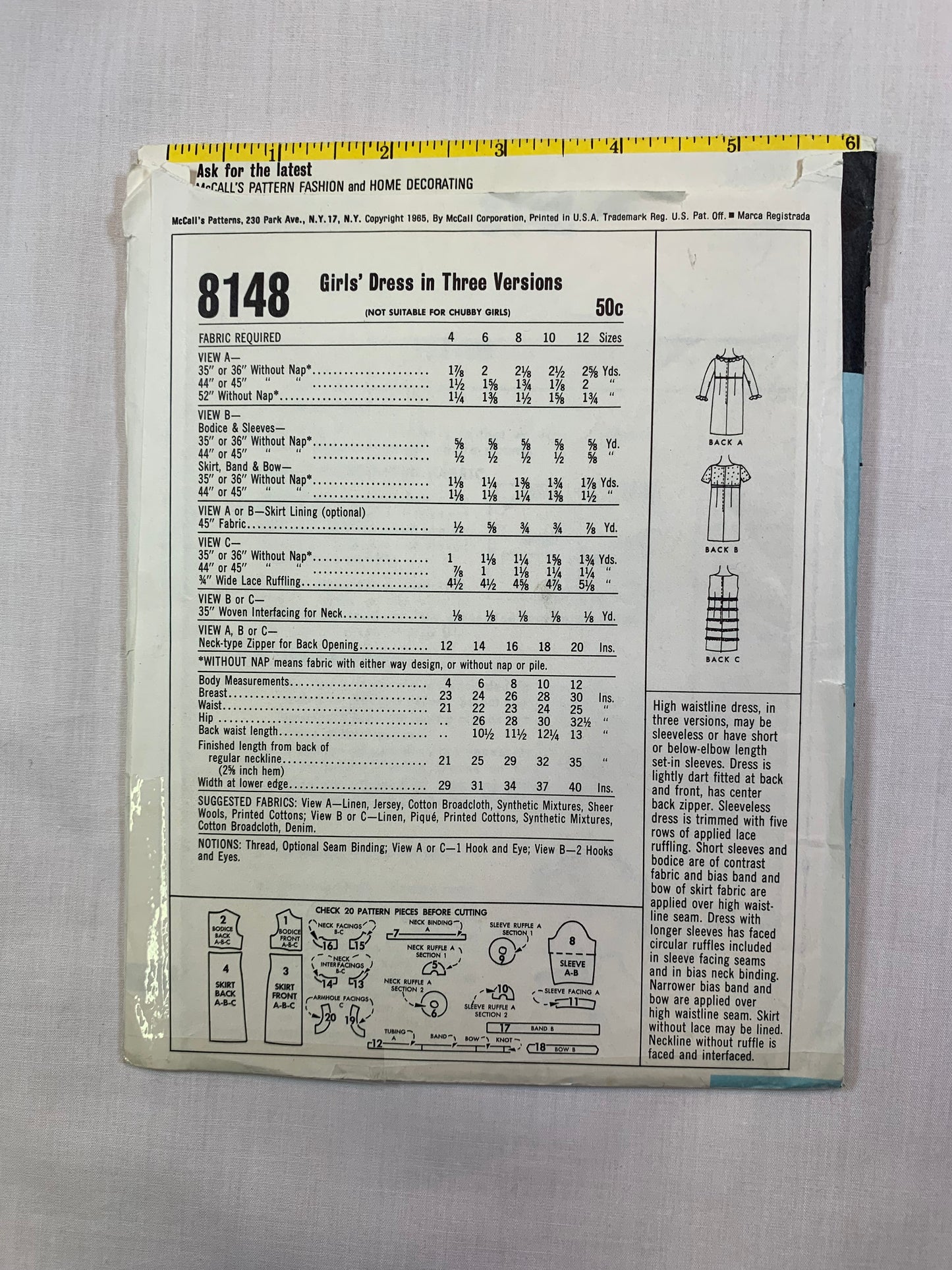 McCall's 8148 Girls' Dresses, Size 12, Cut, Vintage 1965