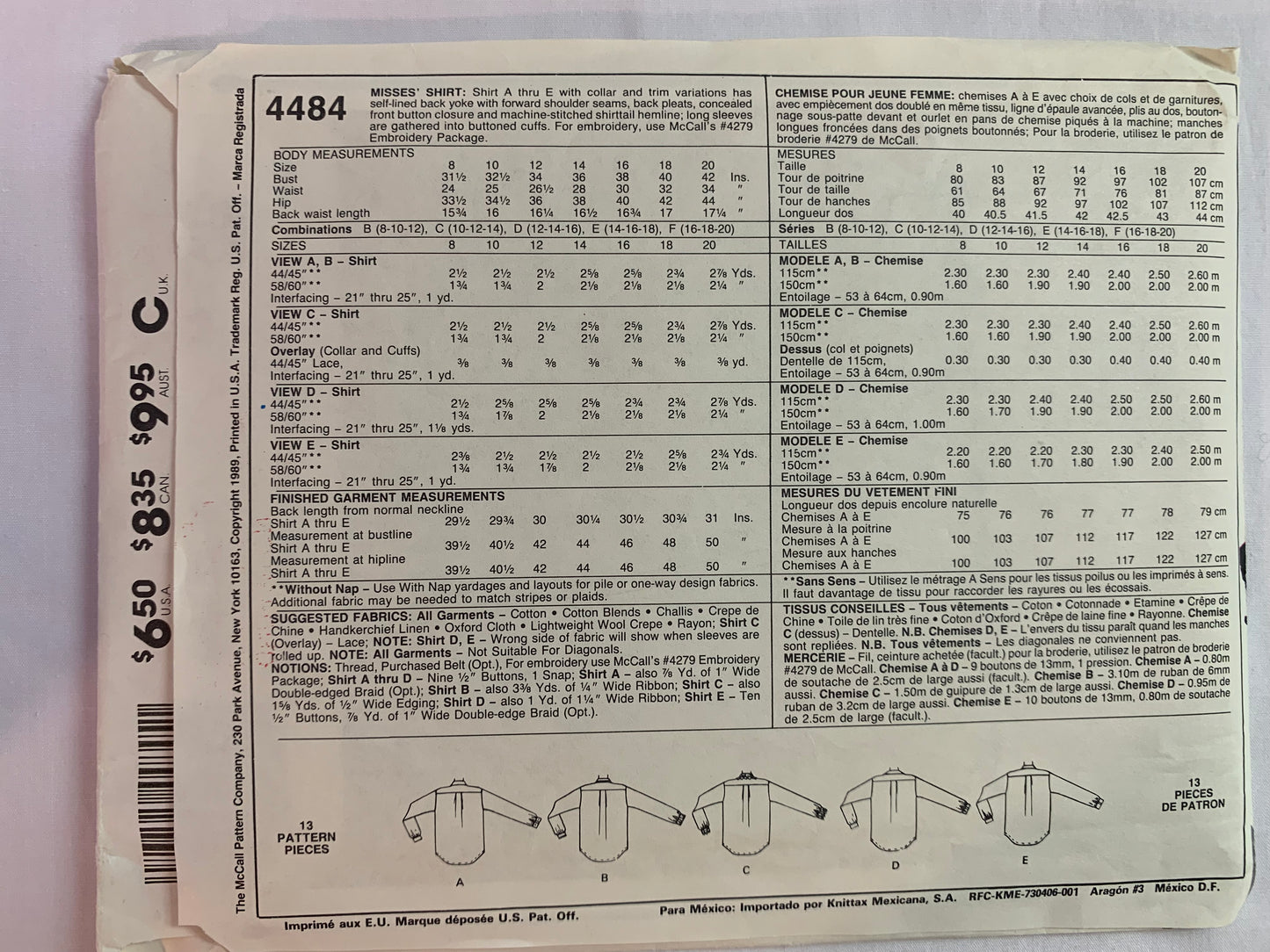 McCall's Sewing Pattern 4484 Misses' Blouse, Long Sleeves, Pocket, Shirts, Size 16-20, Uncut, Vintage 1989