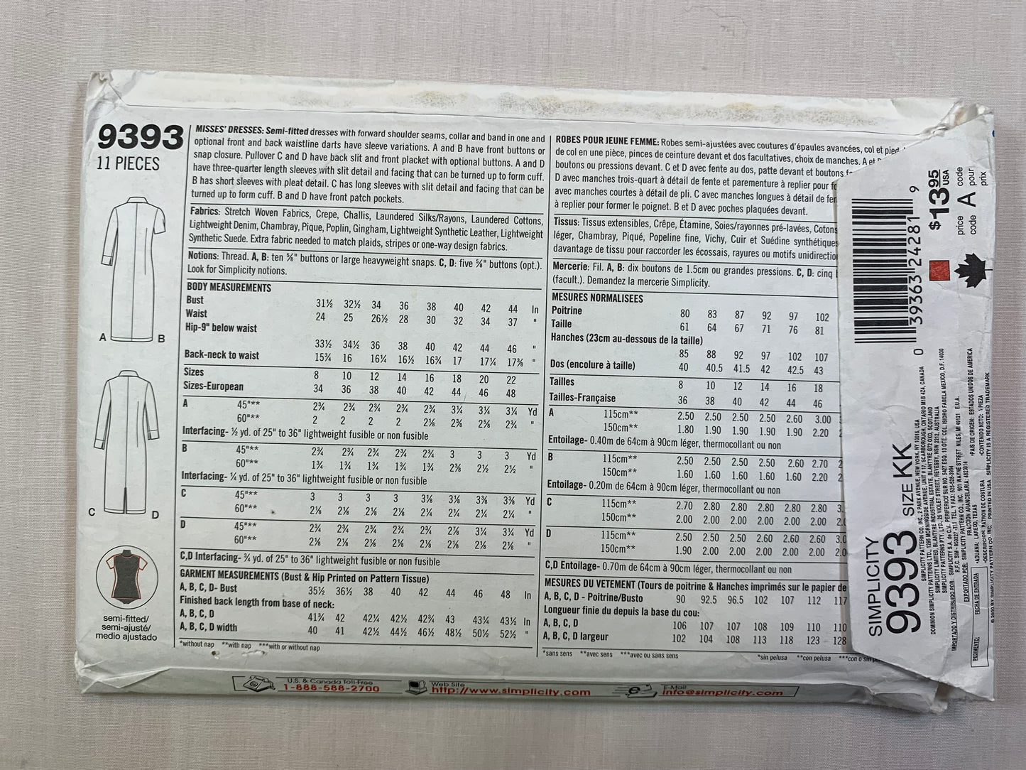 Simplicity 9393 Misses' Dresses, Size 8-12, Cut, 2000