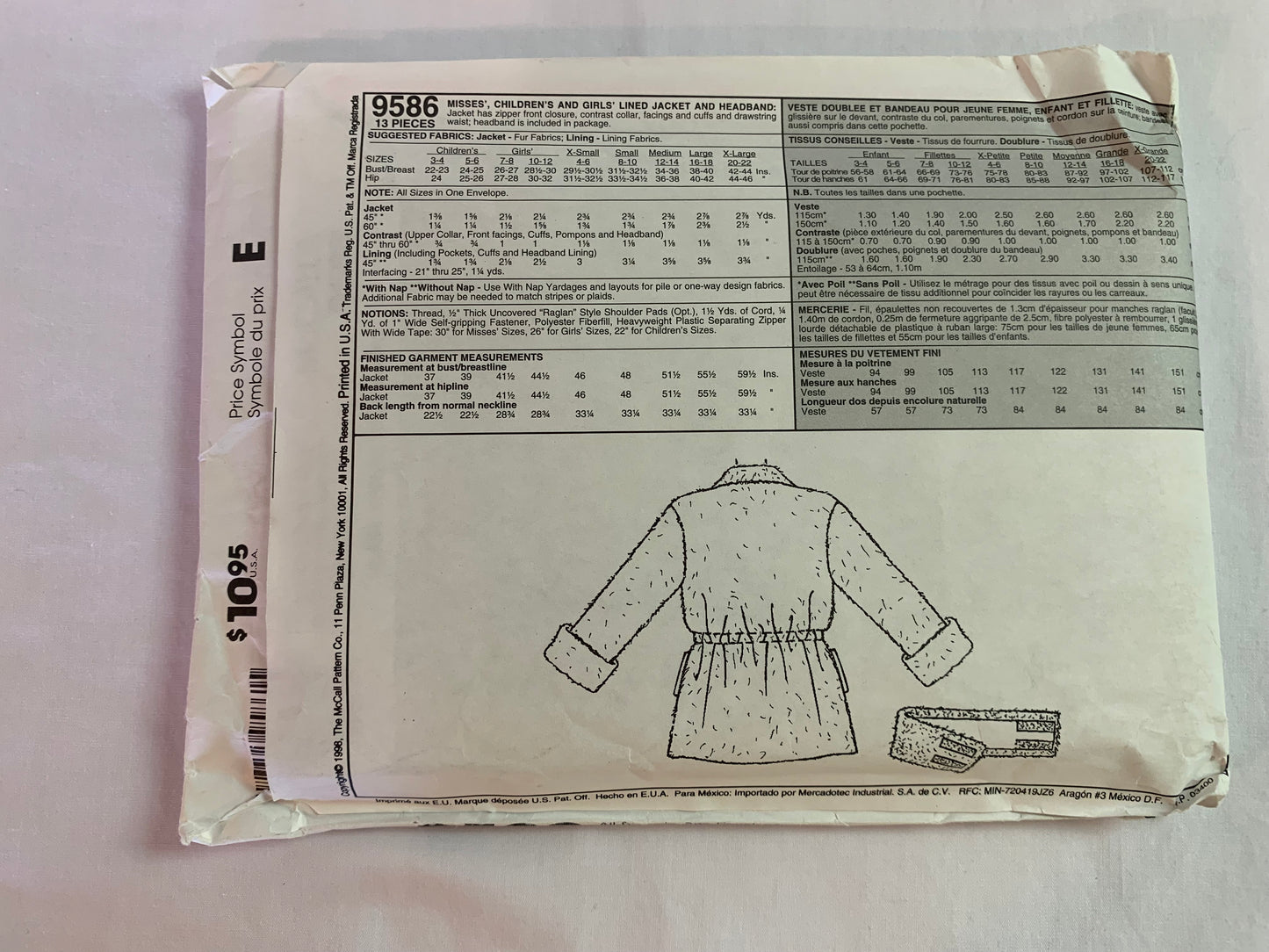 McCall's Sewing Pattern 9586 Misses'/Girls' Lined Jacket, Headband, Zipper Front, Collar, Drawstring Waist, Size Adults 4-22, Girls' Size 3-12, Uncut, Vintage 1998