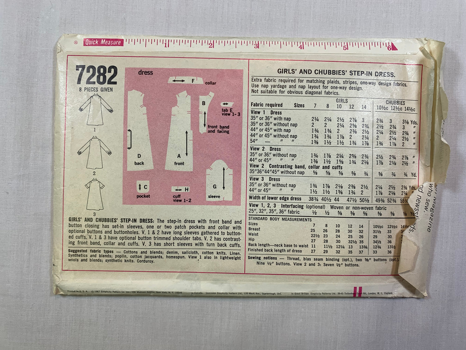Simplicity 7282 Girls' Dress, Size 8, Cut, Vintage 1967