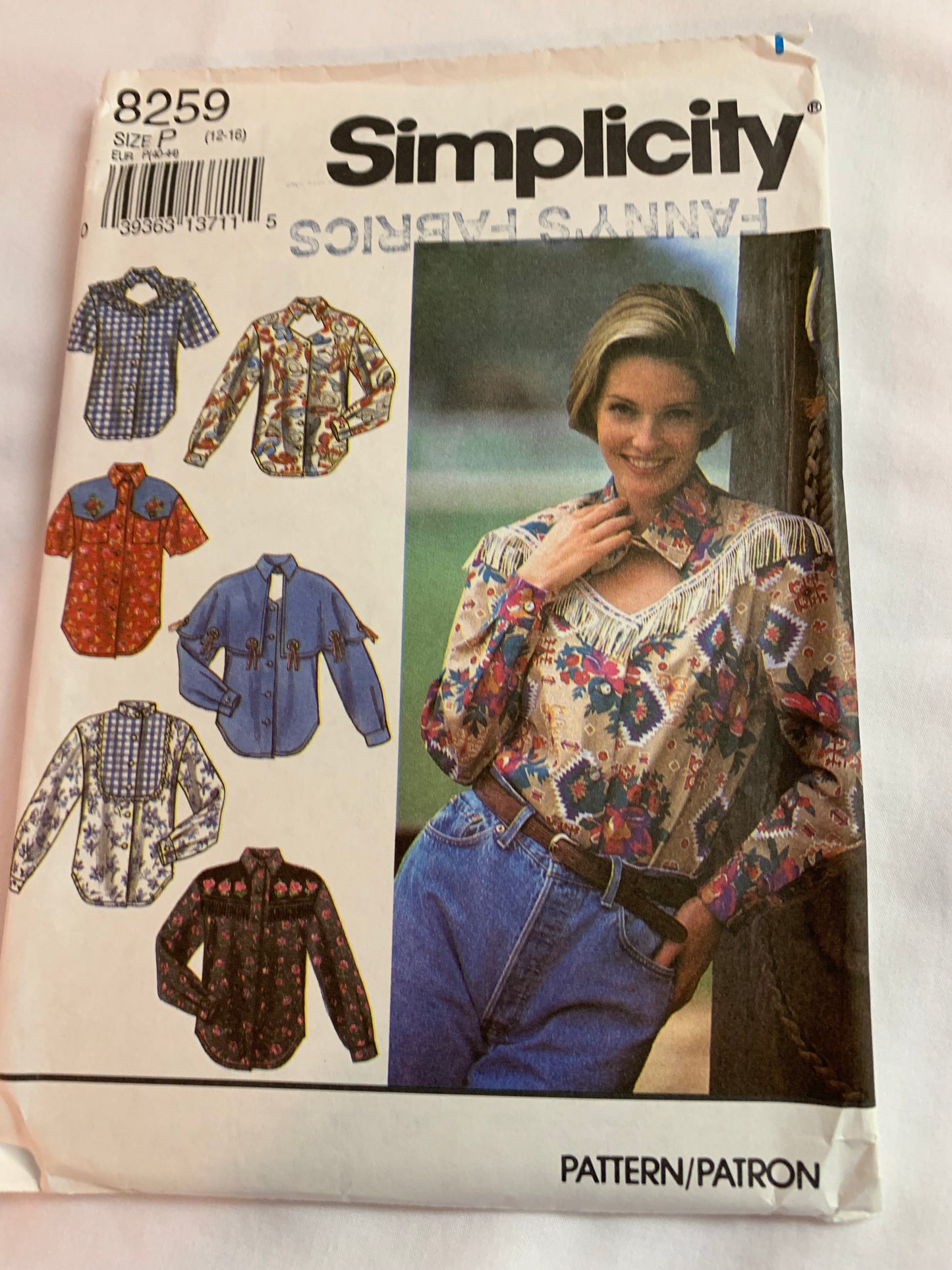 Simplicity Sewing Pattern 8259 Misses' Western Blouse, Long/Short Sleeves, Shirts, Button Front, Collar, Ruffles, Pockets, Size 12-16, Uncut, Vintage 1996
