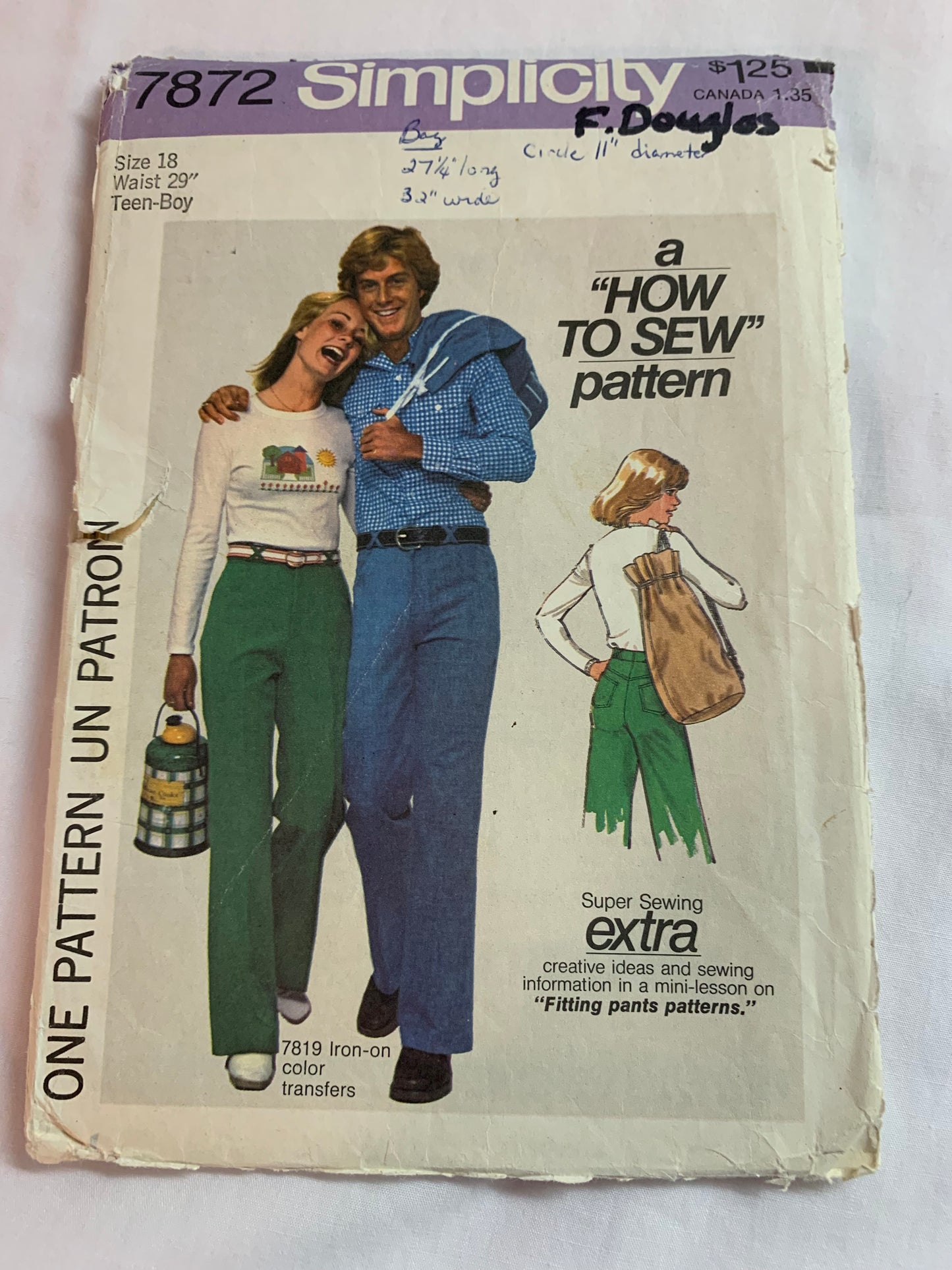 Simplicity Sewing Pattern 7872 Men's/Teen Boys' Pants, Drawstring, Bag, Fly Zipper Front, Pockets, Size 18, Cut, Vintage 1977