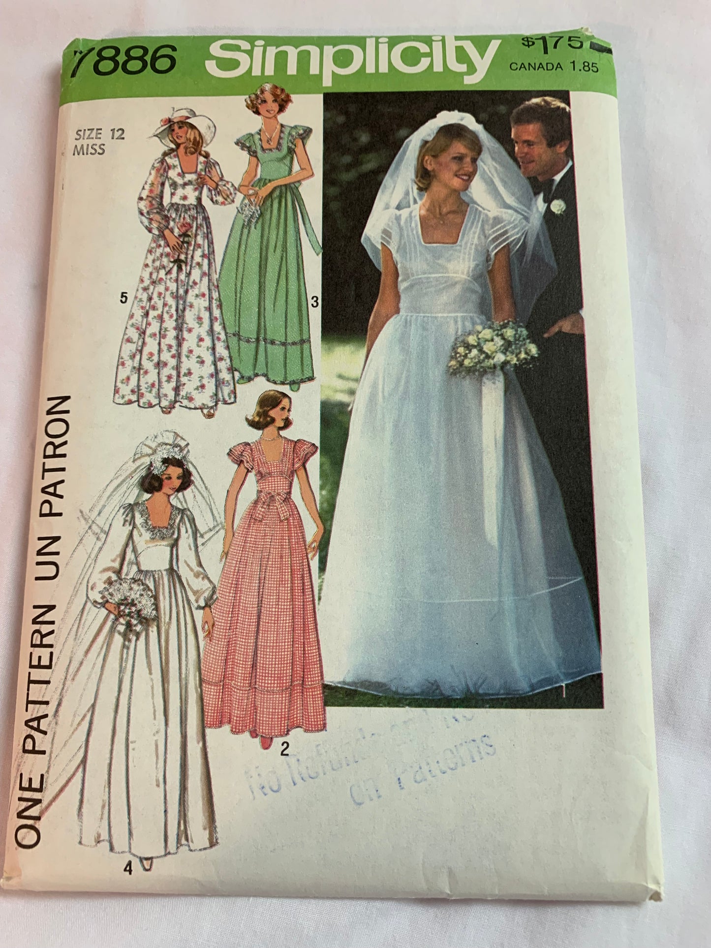 Simplicity Sewing Pattern 7886 Misses' Bridal/Wedding Gowns, Bridesmaids' Dress, Floor Length, Fitted, Long/Short Sleeves, Tie Back, Size 12, Uncut, Vintage 1977