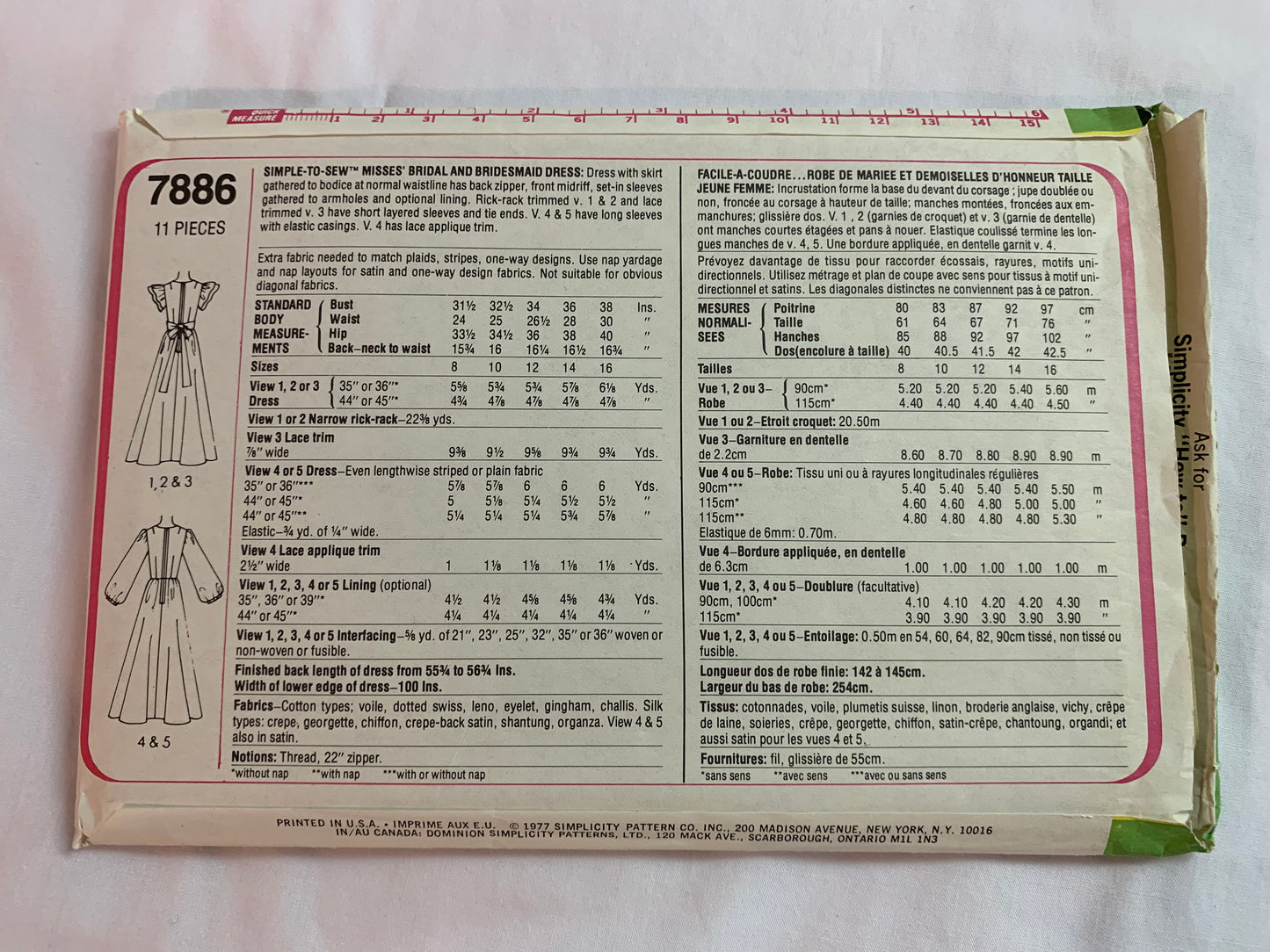 Simplicity Sewing Pattern 7886 Misses' Bridal/Wedding Gowns, Bridesmaids' Dress, Floor Length, Fitted, Long/Short Sleeves, Tie Back, Size 12, Uncut, Vintage 1977