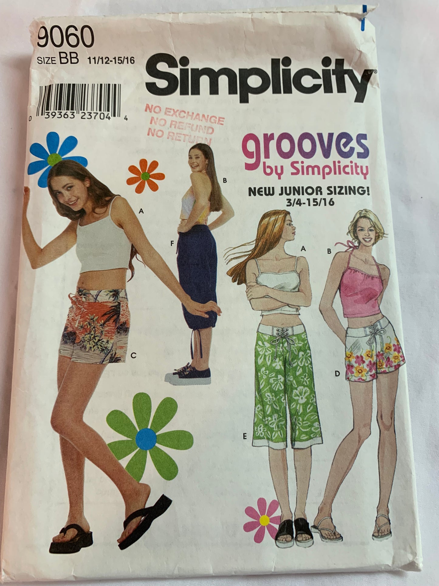 Simplicity Sewing Pattern 9060 Junior Girls' Knit Tops, Pants, Shorts, Pullover, Shoulder Straps, Halter, Size 11-16, Cut, Vintage 1999
