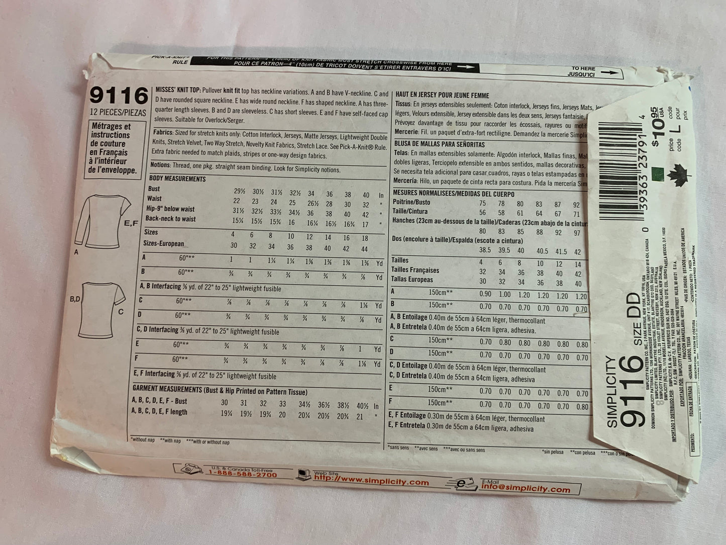 Simplicity Sewing Pattern 9116 Misses'Knit Tops, Pullover, Long/Short Sleeves, 6 Variations, Size 4-10, Cut, 2000