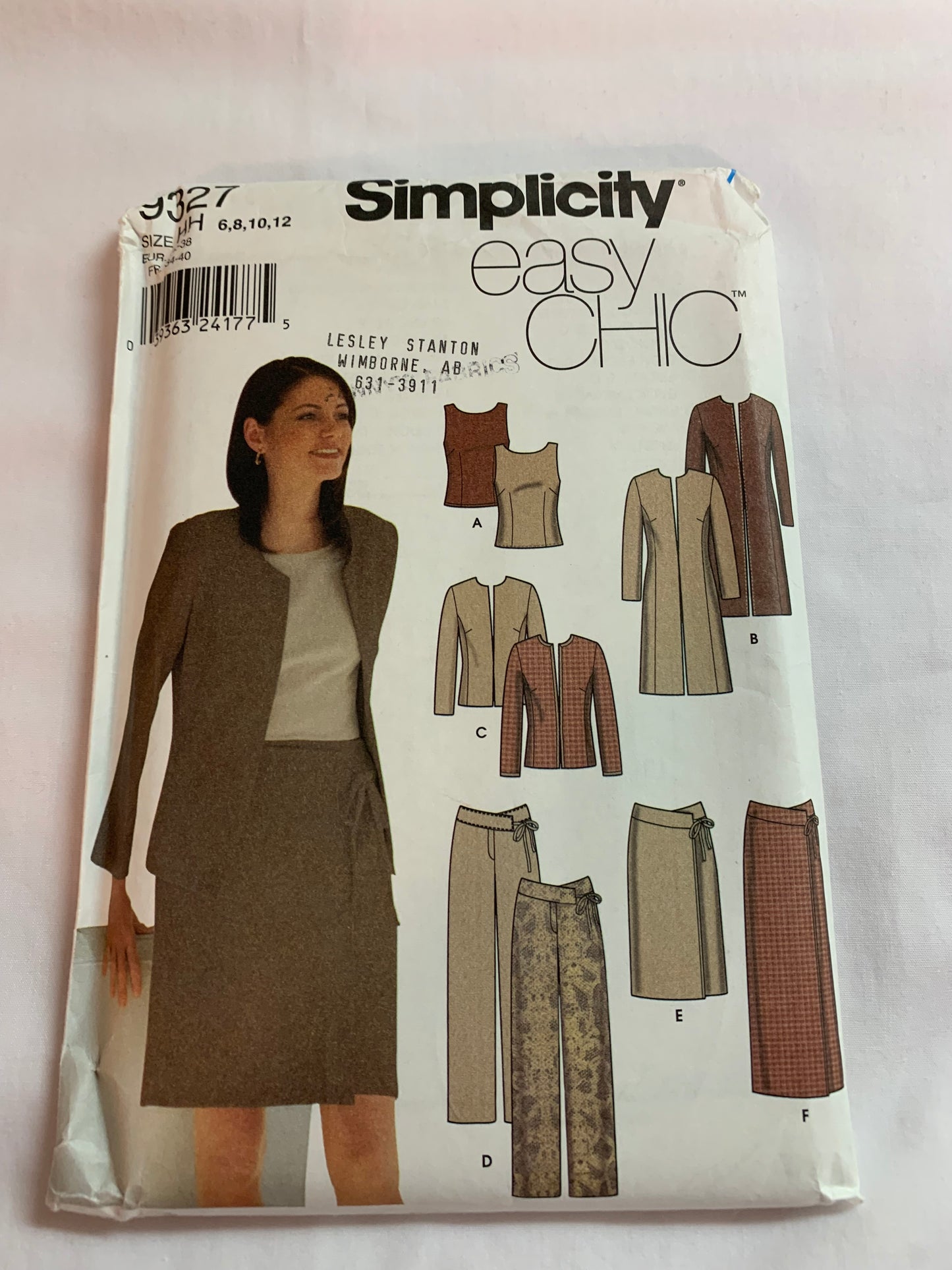 Simplicity Sewing Pattern 9327 Misses' Top, Coat, Jacket, Pants, Skirt, Two Lengths, Semi-Fitted, Size 6-12, Uncut, 2000