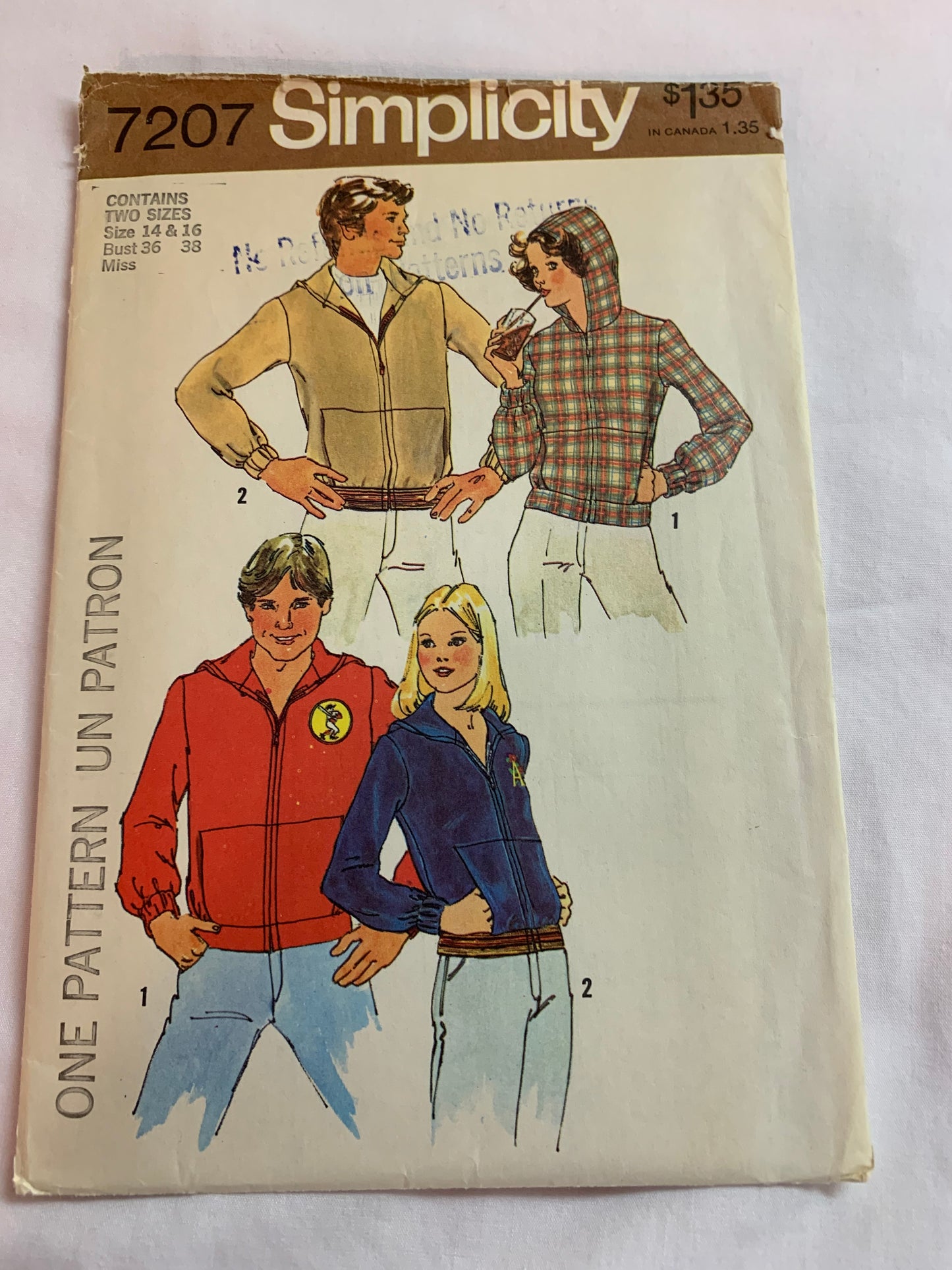 Simplicity Sewing Pattern 7207 Misses'/Men's Hooded Sewatshirt, Zipper Front, Pockets, Size 14-16, Cut, Vintage 1975