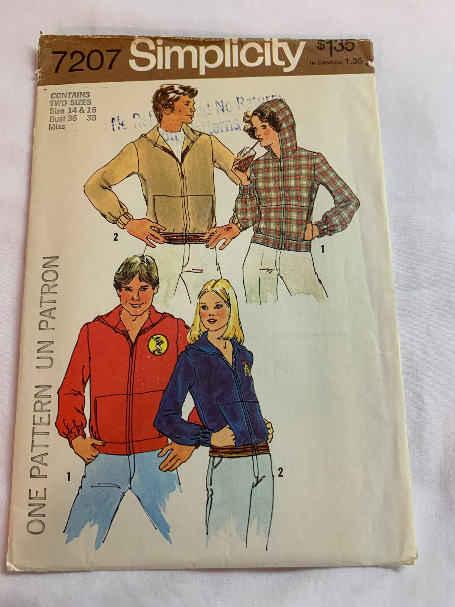 Simplicity Sewing Pattern 7207 Misses'/Men's Hooded Sewatshirt, Zipper Front, Pockets, Size 14-16, Cut, Vintage 1975