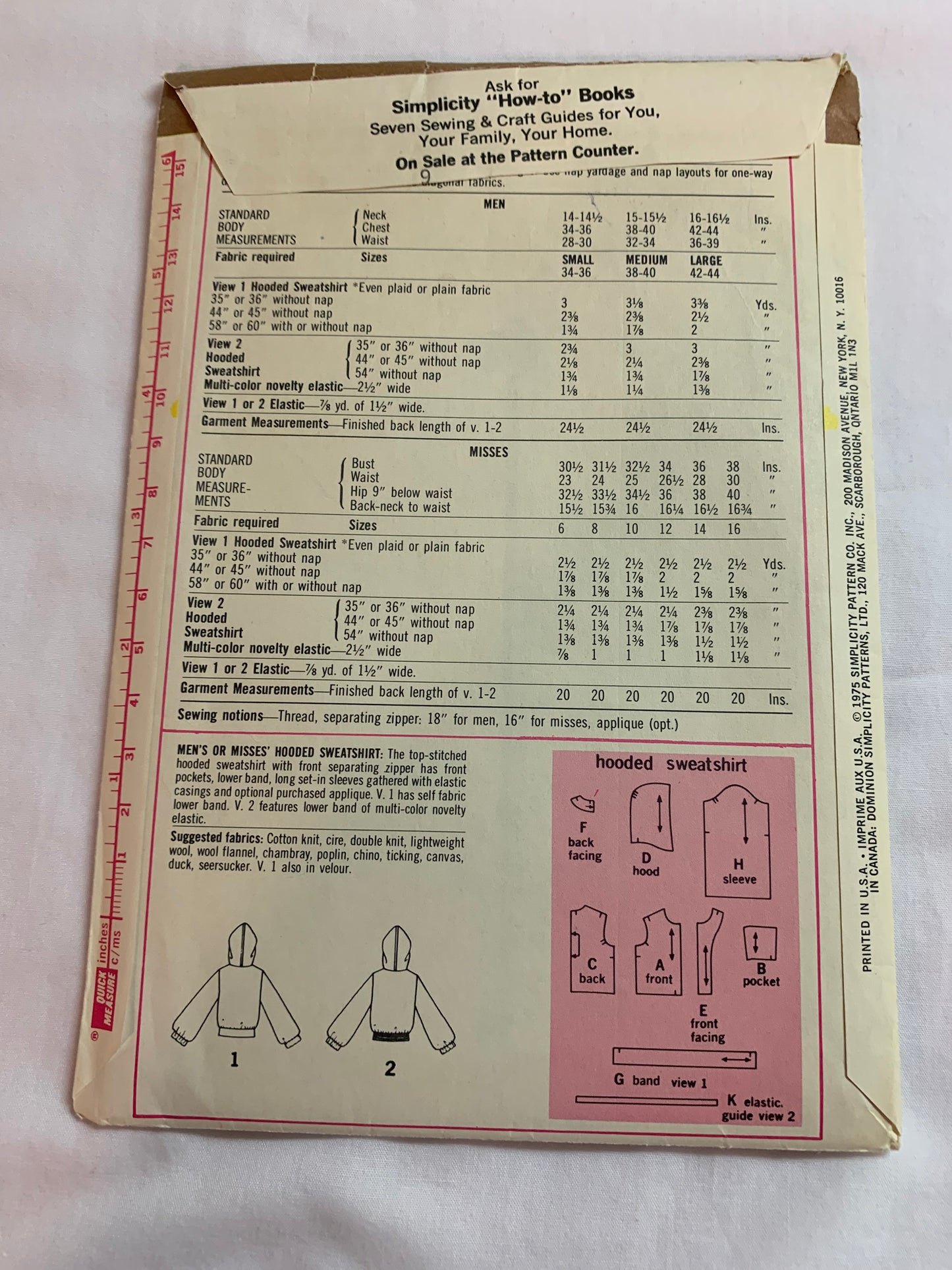 Simplicity Sewing Pattern 7207 Misses'/Men's Hooded Sewatshirt, Zipper Front, Pockets, Size 14-16, Cut, Vintage 1975