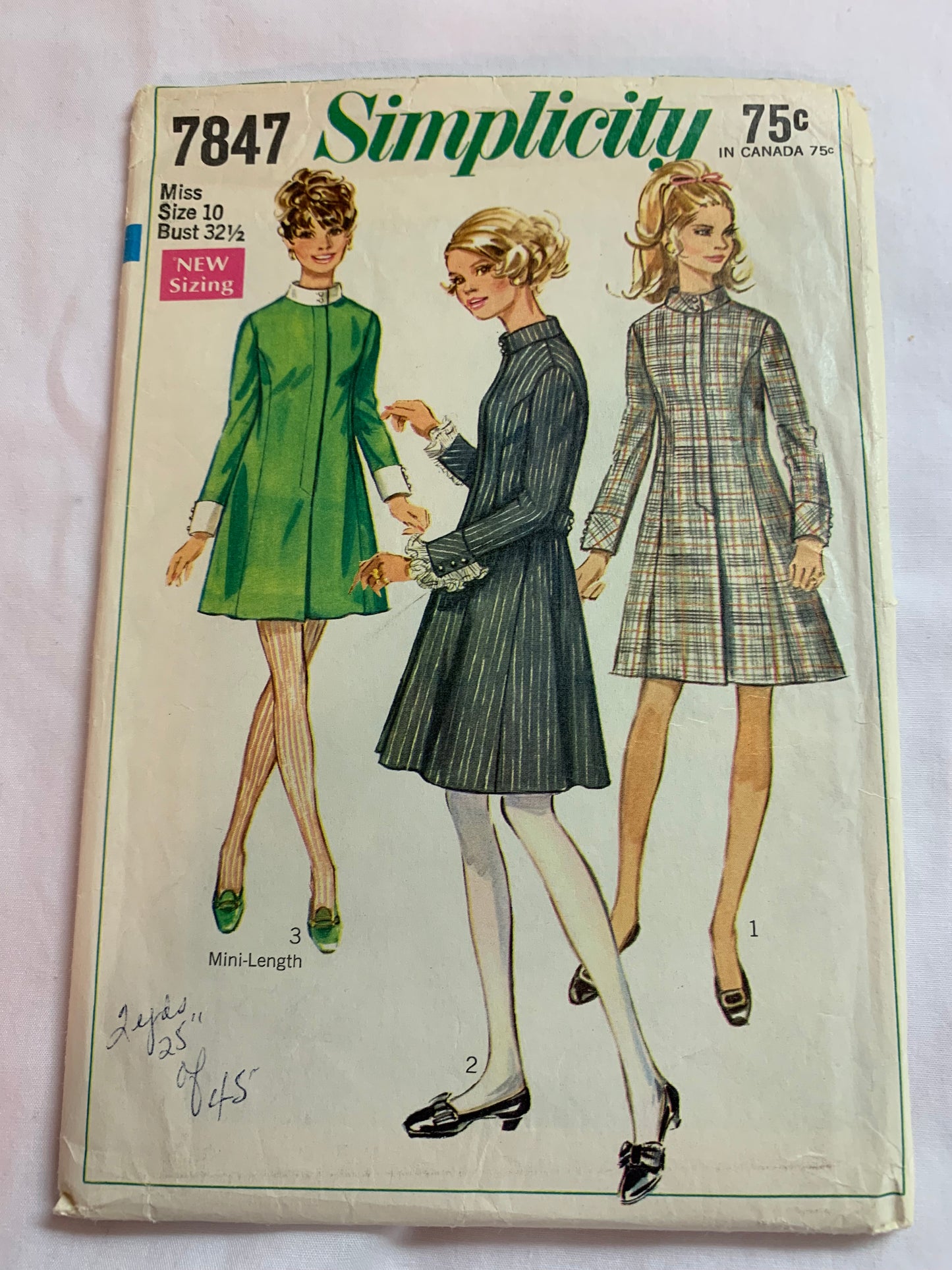Simplicity Sewing Pattern 7847 Misses' Dresses, Two Lengths, Long Sleeves, Princess Seams, Pleats, Size 10, Cut, Vintage 1968