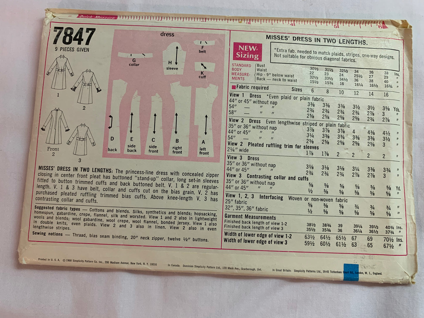 Simplicity Sewing Pattern 7847 Misses' Dresses, Two Lengths, Long Sleeves, Princess Seams, Pleats, Size 10, Cut, Vintage 1968