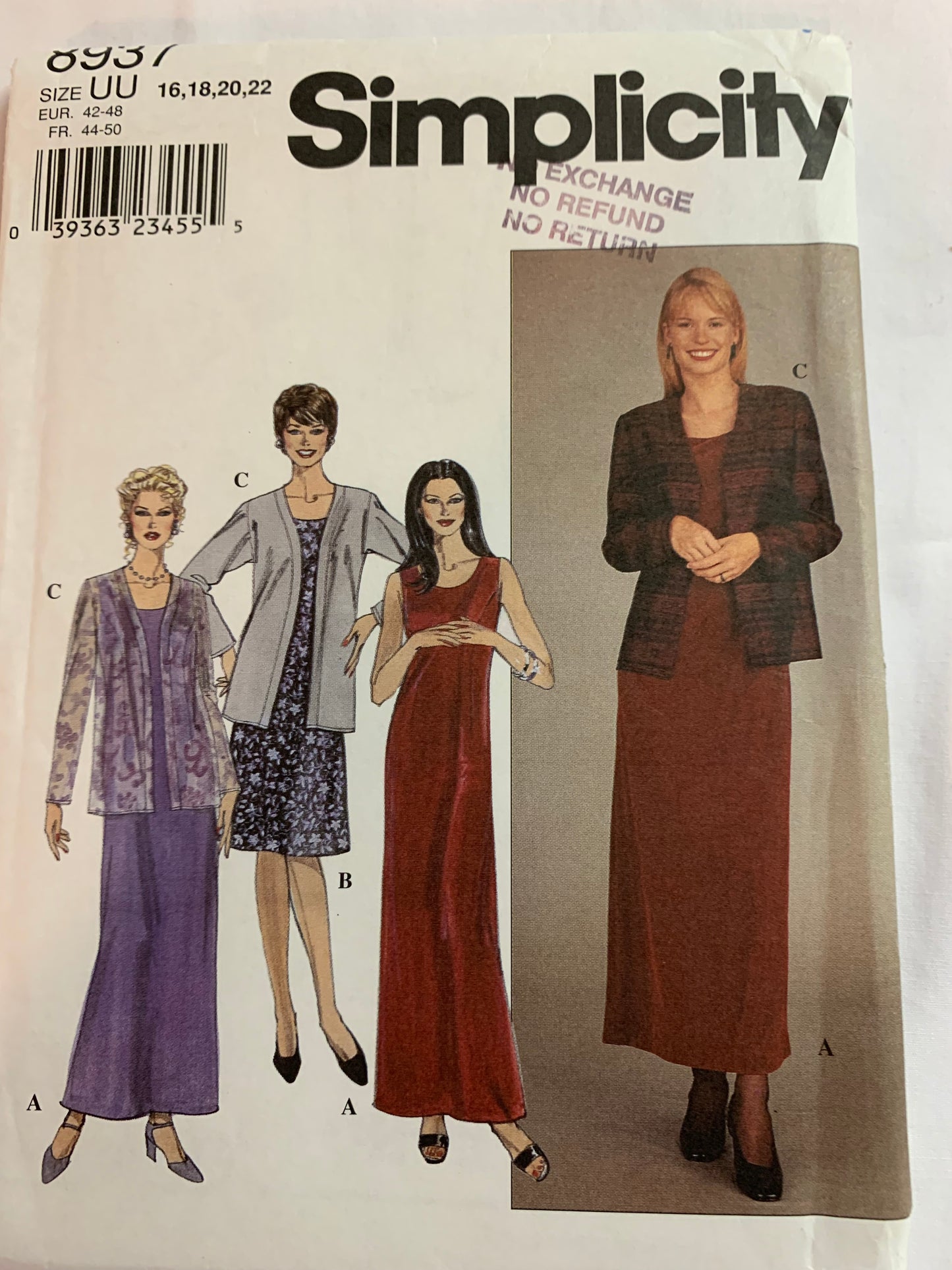 Simplicity Sewing Pattern 8937Misses'/Miss Petite Dress, Jacket, Semi-Fitted, Sleeveless, Zipper Back, Two Lengths, Dart, Size 16-22, Cut, Vintage 1999