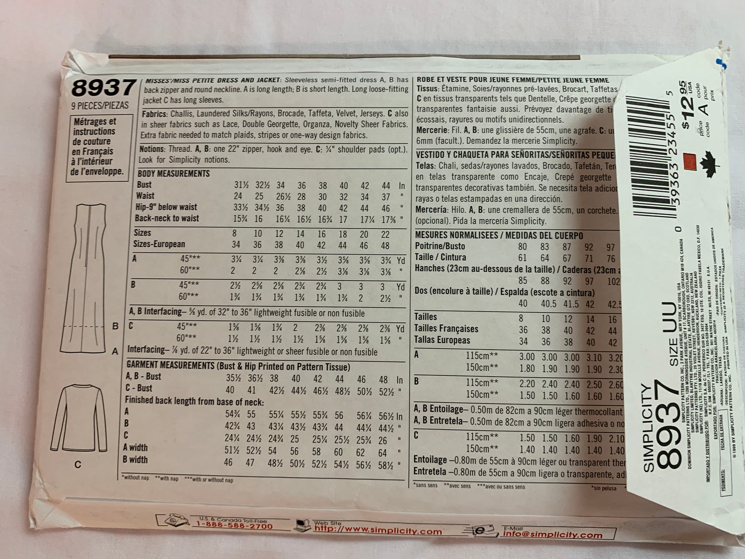 Simplicity Sewing Pattern 8937Misses'/Miss Petite Dress, Jacket, Semi-Fitted, Sleeveless, Zipper Back, Two Lengths, Dart, Size 16-22, Cut, Vintage 1999