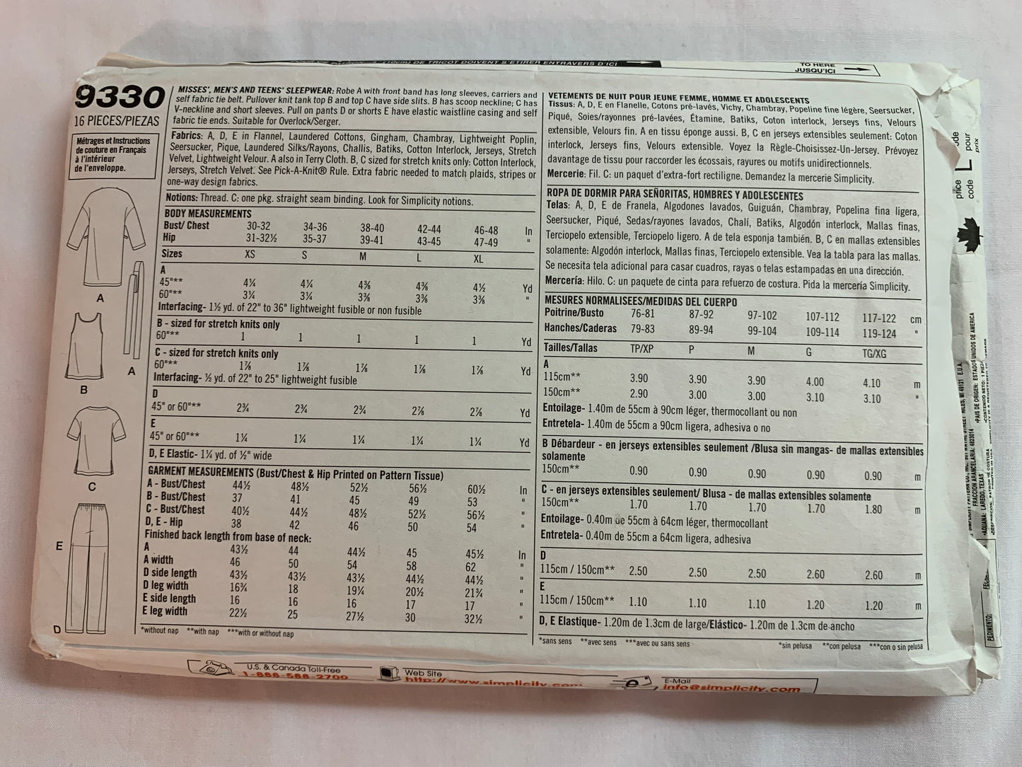 Simplicity Sewing Pattern 9330 Misses'/Men's/Teens' Sleepwear, Pajamas, Robe, Top, Pants, Shorts, Size 30-48, Uncut, 2000