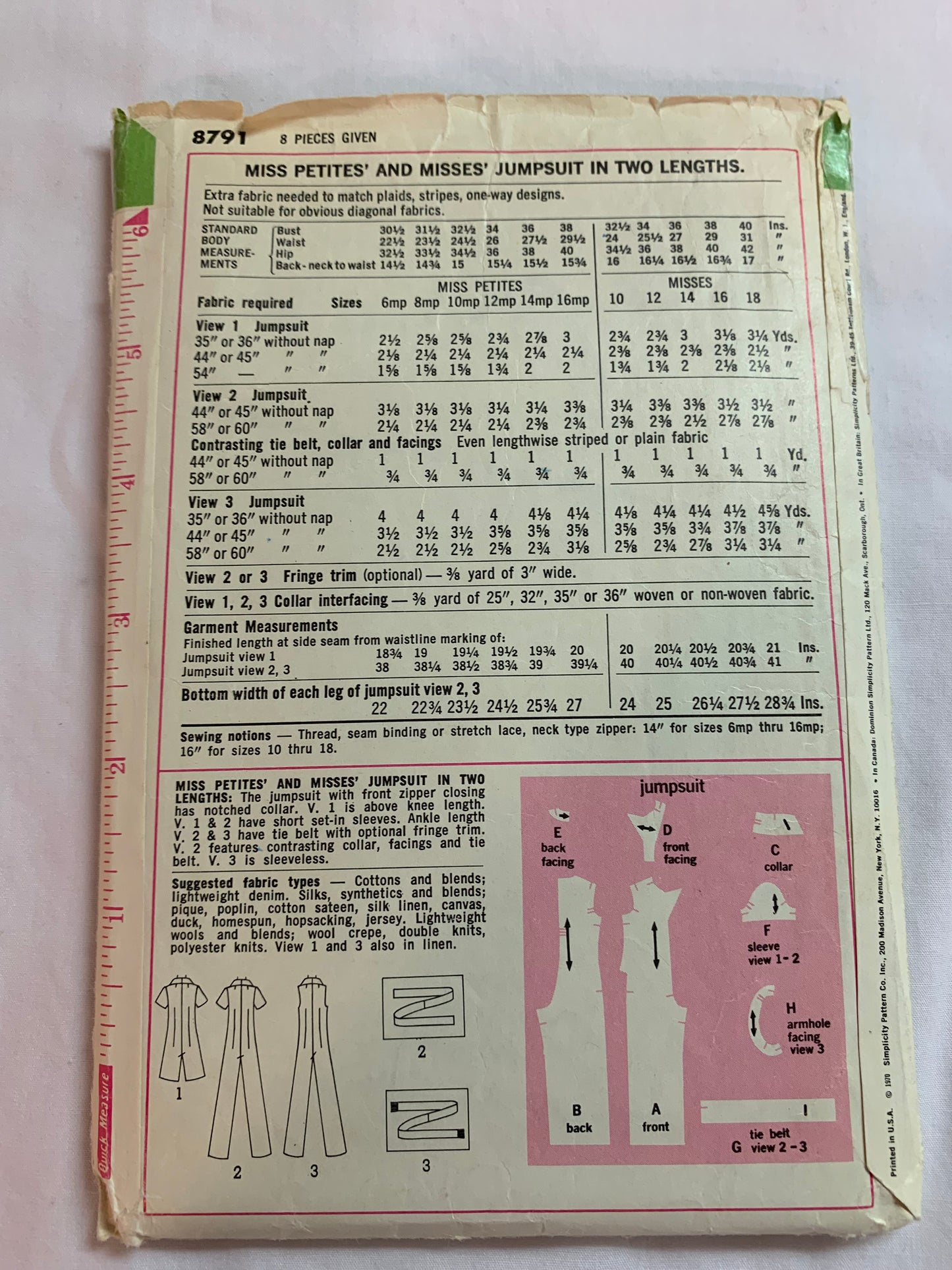 Simplicity Sewing Pattern 8791 Misses' Jumpsuit, Two Lengths, Short Sleeves, Zipper Front, Sizes 10, Cut, Vintage 1979