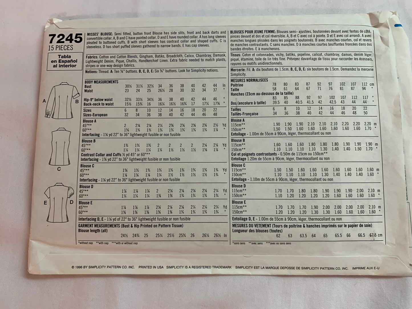 Simplicity Sewing Pattern 7245 Misses' Blouse, Semi-Fitted, Darts, Collar, Long/Short Sleeves, Sleeveless, 5 Variatiions, Size 6-10, Uncut, Vintage 1996