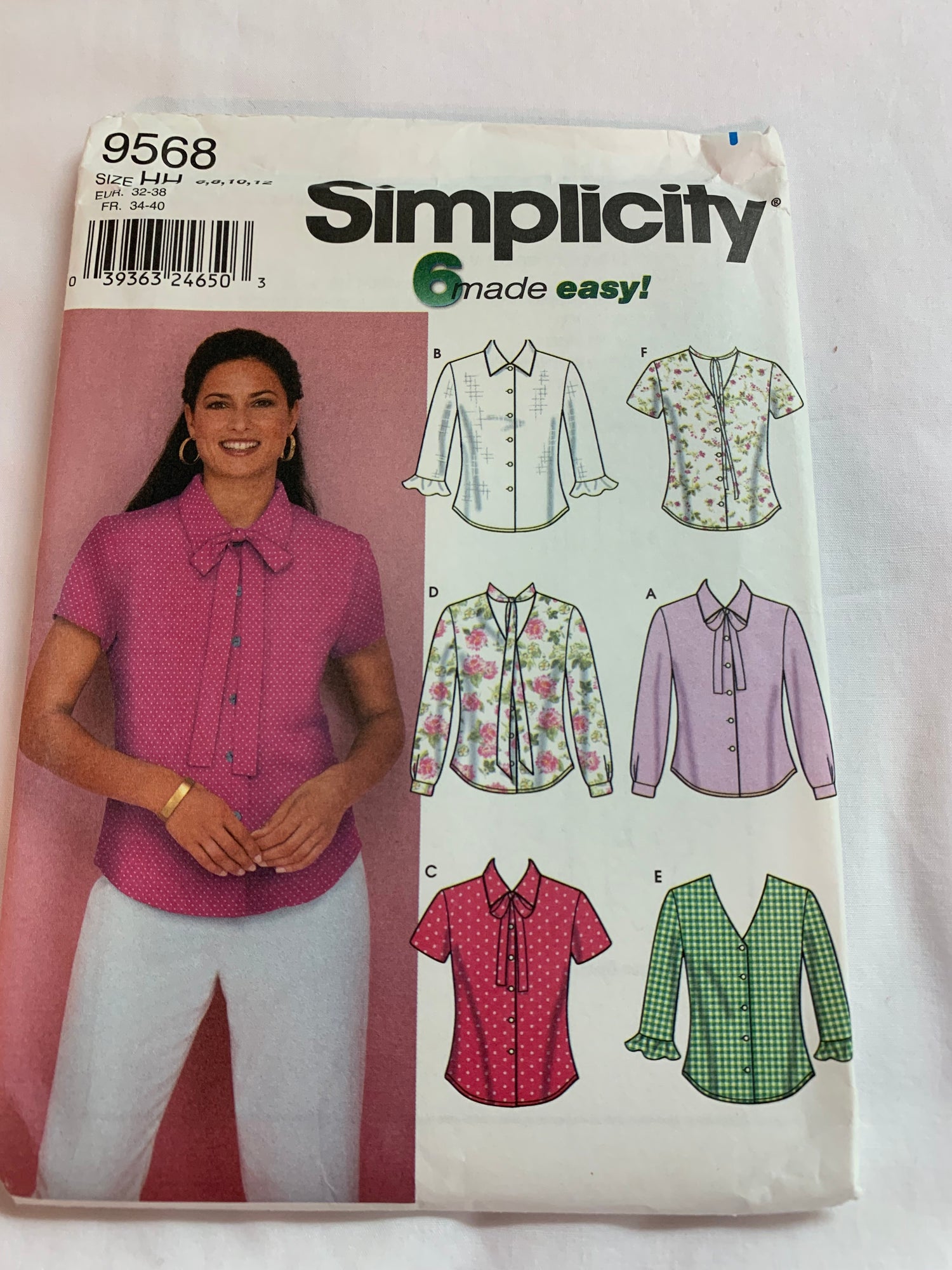 Simplicity Sewing Pattern 9568 Misses' Blouses, Shirts, Button Front, Long/Short Sleeves, Collar, Tie Front, 6 Variations, Size 6-12, Uncut, 2001