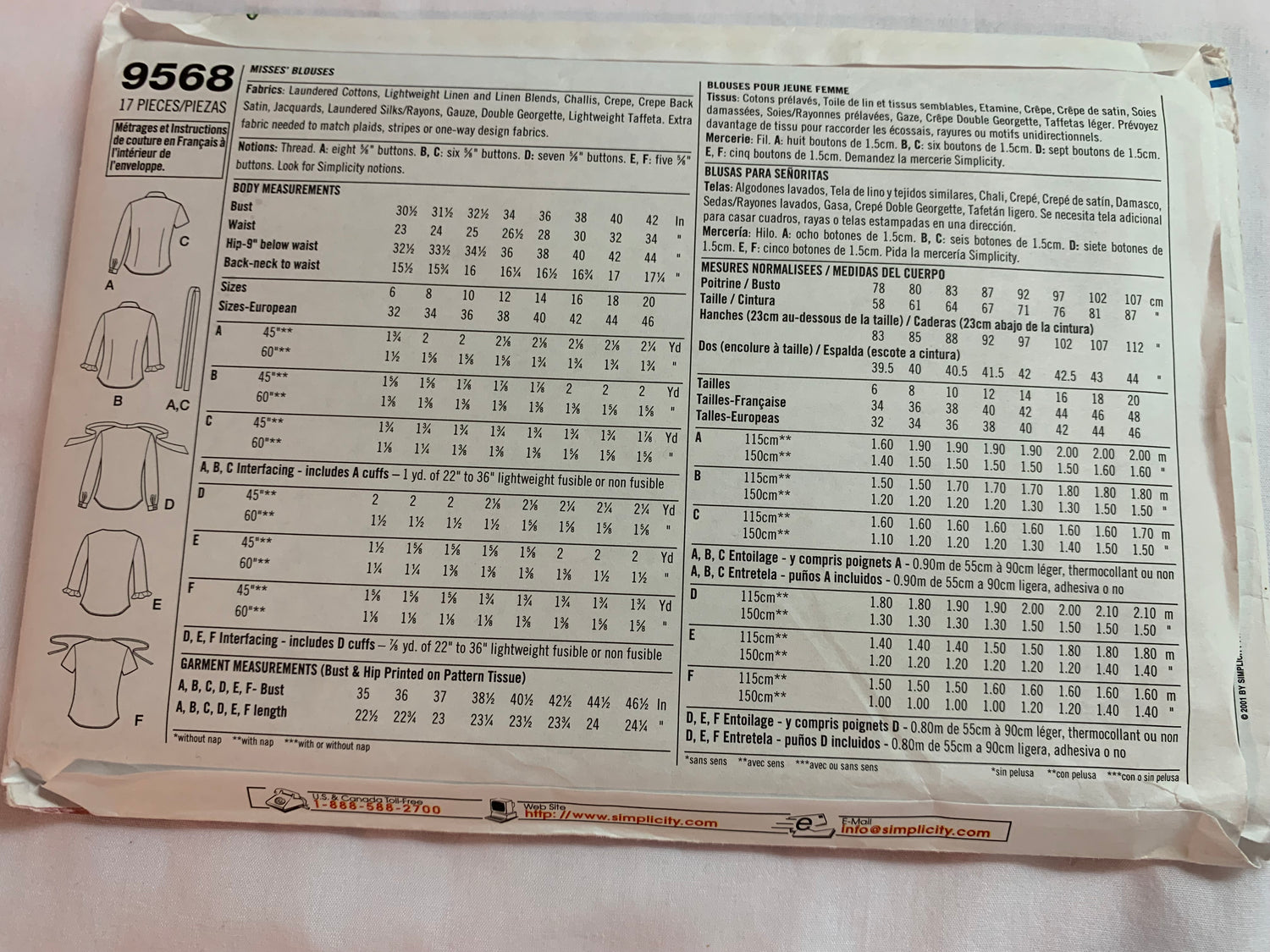 Simplicity Sewing Pattern 9568 Misses' Blouses, Shirts, Button Front, Long/Short Sleeves, Collar, Tie Front, 6 Variations, Size 6-12, Uncut, 2001