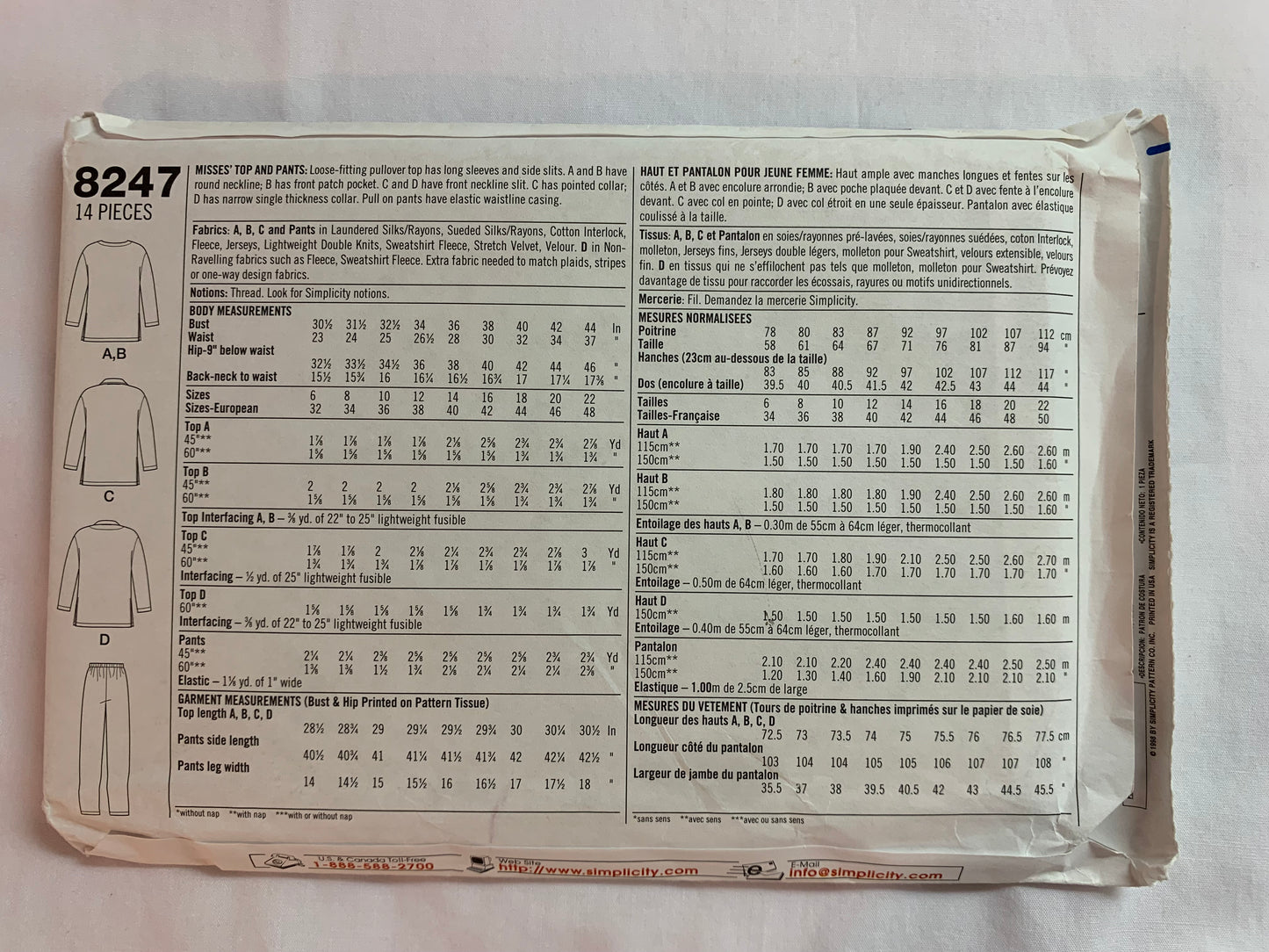 Simplicity Sewing Pattern 8247 Misses' Shirt, Pullover Top, Pants, Long Sleeves, Loose-Fitting, Elastic Waist, Size 6-10, Uncut, Vintage 1998