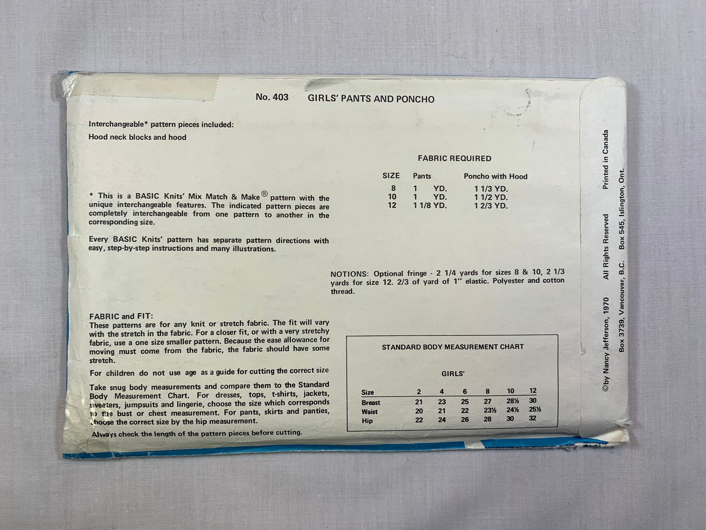Basic Knits 403 Girls' Ponchos, Pants, Size 8-12, Uncut, Vintage 1970