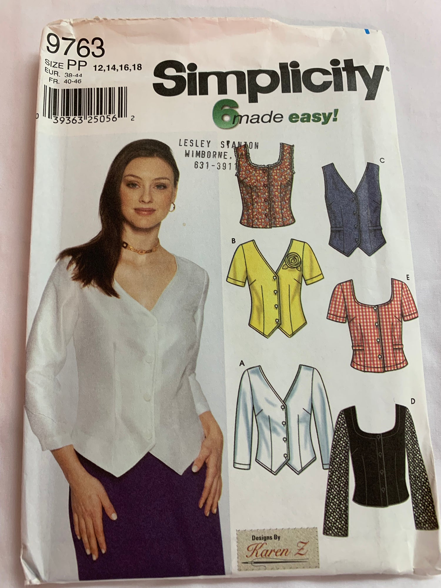 Simplicity Sewing Pattern 9763 Misses'/Miss Petite Blouses, Shirts, Button Front, Long/Short Sleeves, Sleeveless, 6 Variations, Size 12-18, Uncut, 2001