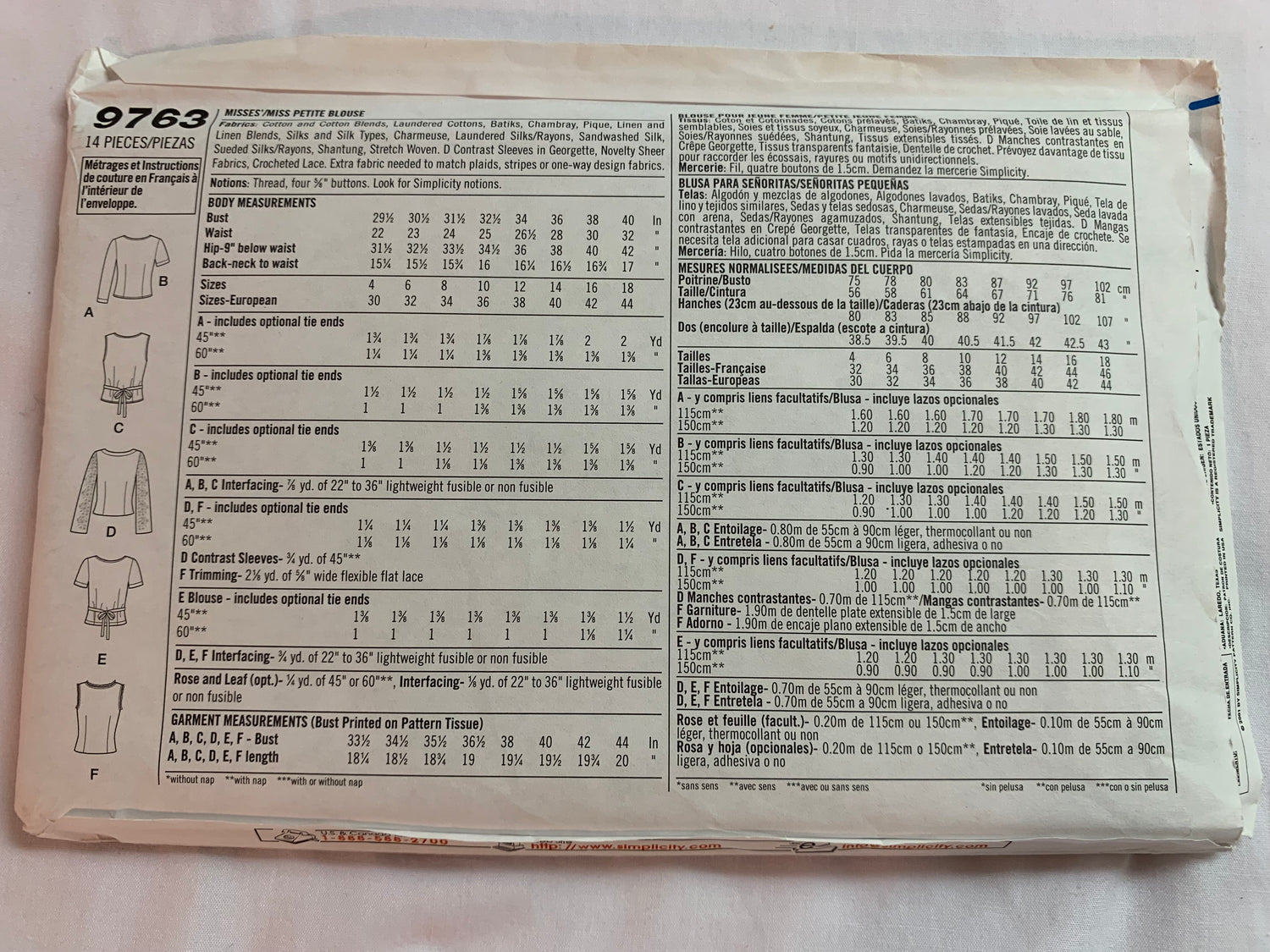 Simplicity Sewing Pattern 9763 Misses'/Miss Petite Blouses, Shirts, Button Front, Long/Short Sleeves, Sleeveless, 6 Variations, Size 12-18, Uncut, 2001