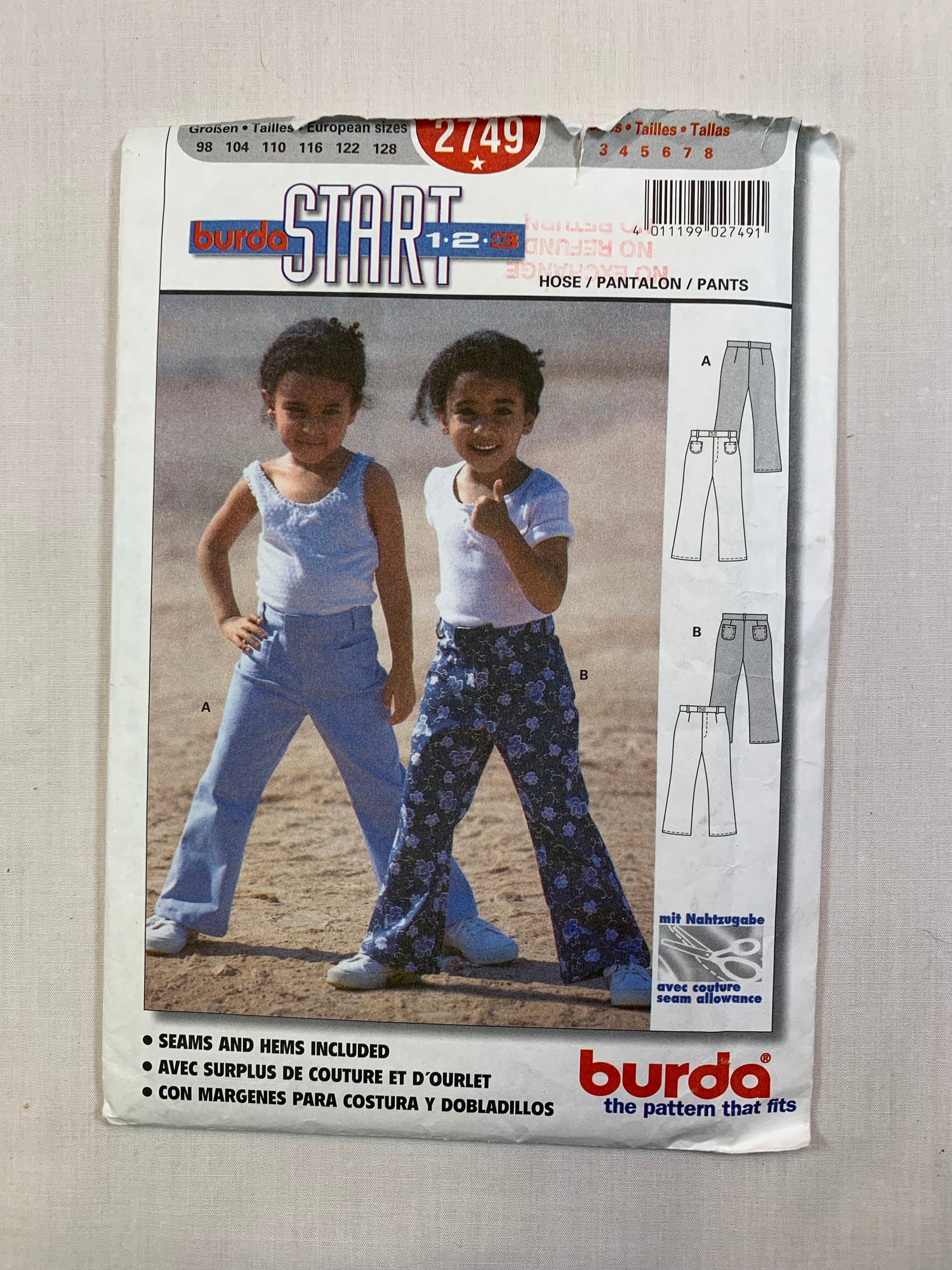 Burda Sewing Pattern 2749 Girls' Pants, Zipper Front, Pockets, Darts, Close-Fitting, Size 3-8, Cut, 2000