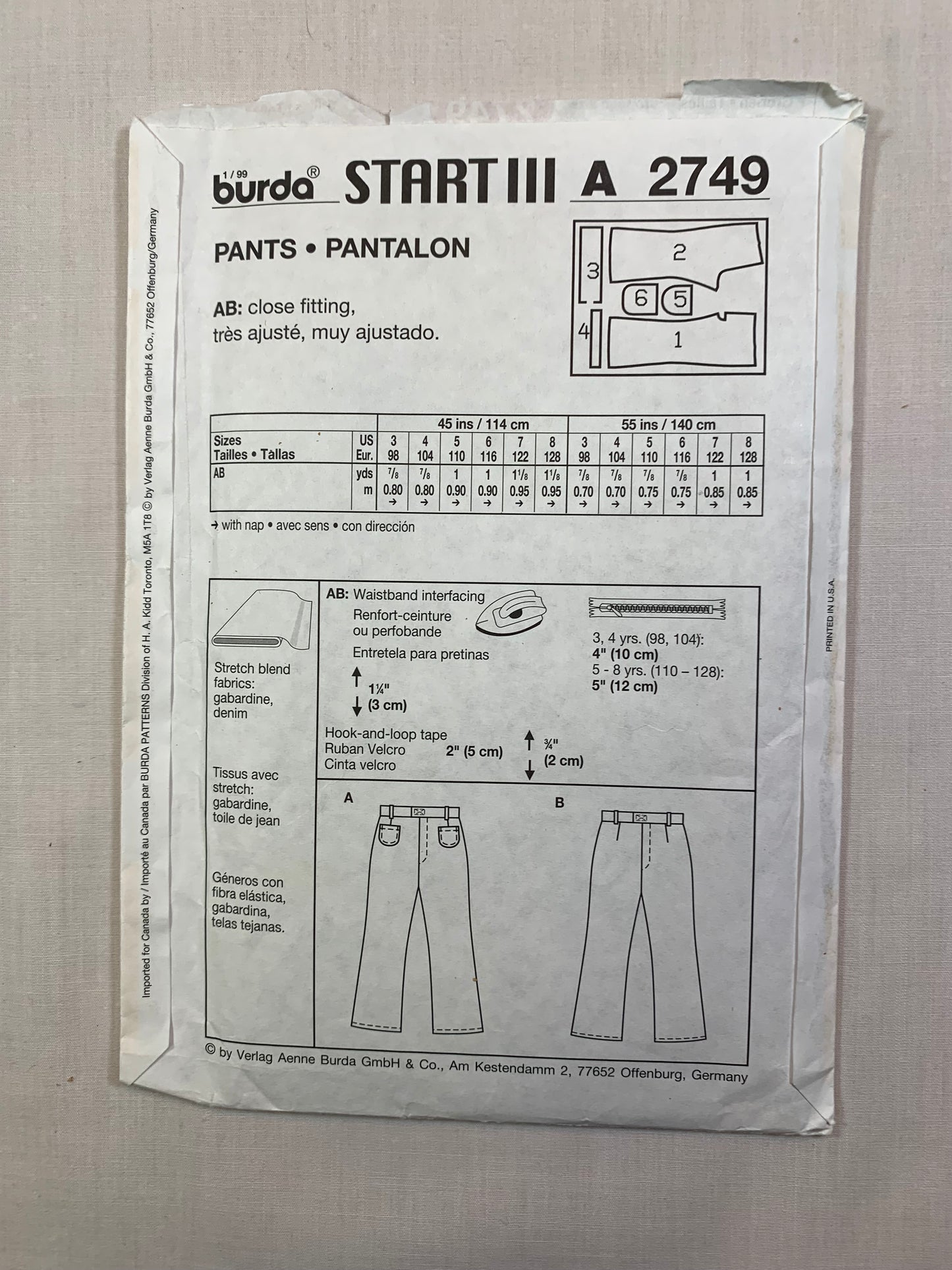 Burda Sewing Pattern 2749 Girls' Pants, Zipper Front, Pockets, Darts, Close-Fitting, Size 3-8, Cut, 2000