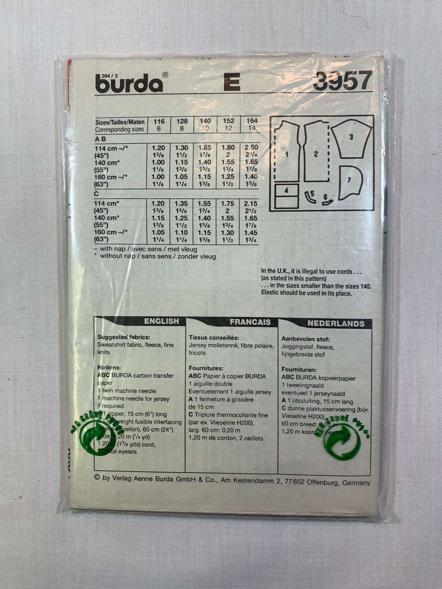 Burda Sewing Pattern 3957 Girls' Pullover Shirt, Long Sleeves, Collar, # Variations, Size 6-14, Cut, 2001