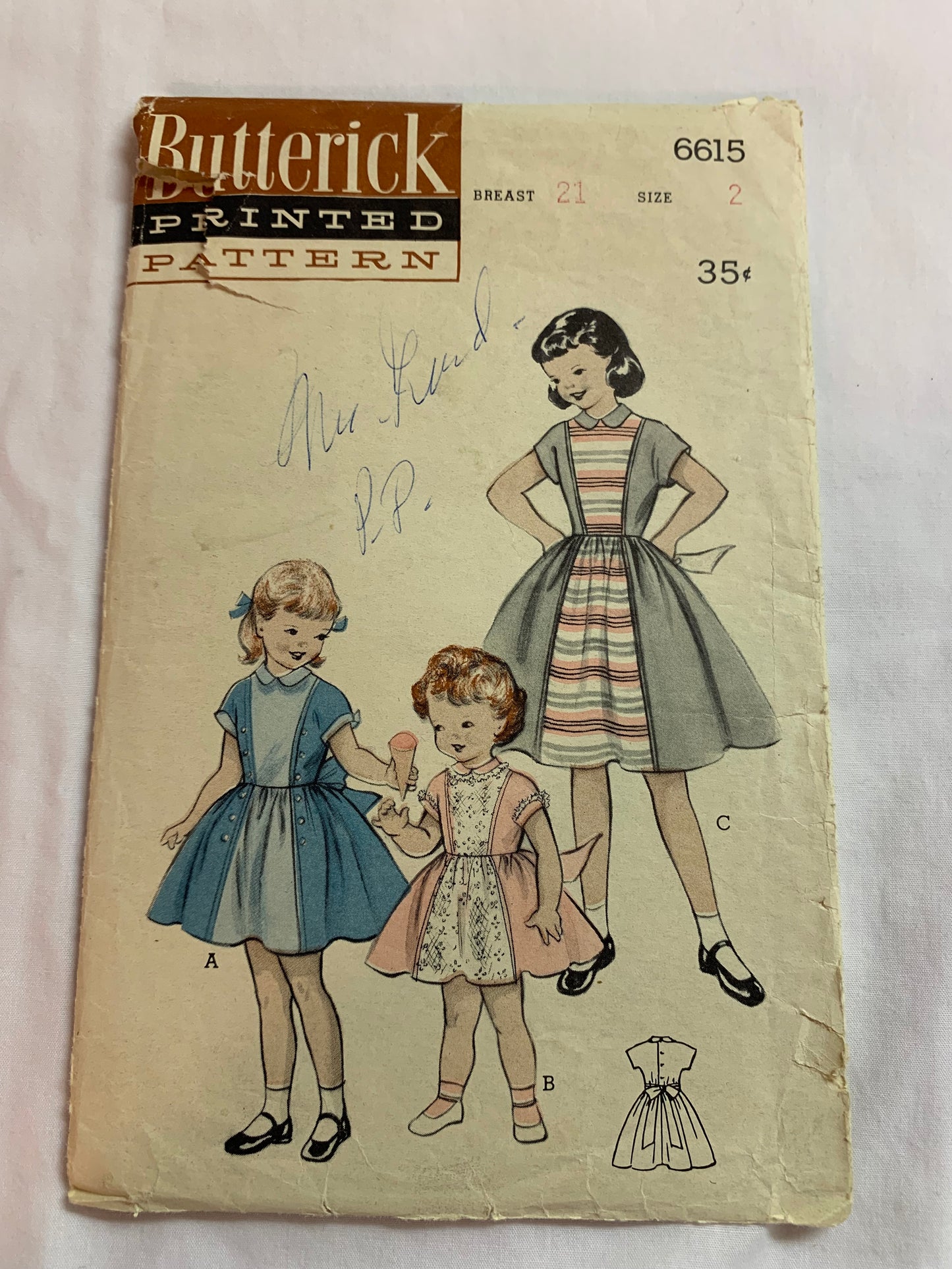 Butterick Sewing Pattern 6615 Girls' Dress, Elastic Waist, Tie Back, Gathered, Collar, Frills, Size 2, Cut, Vintage 1950