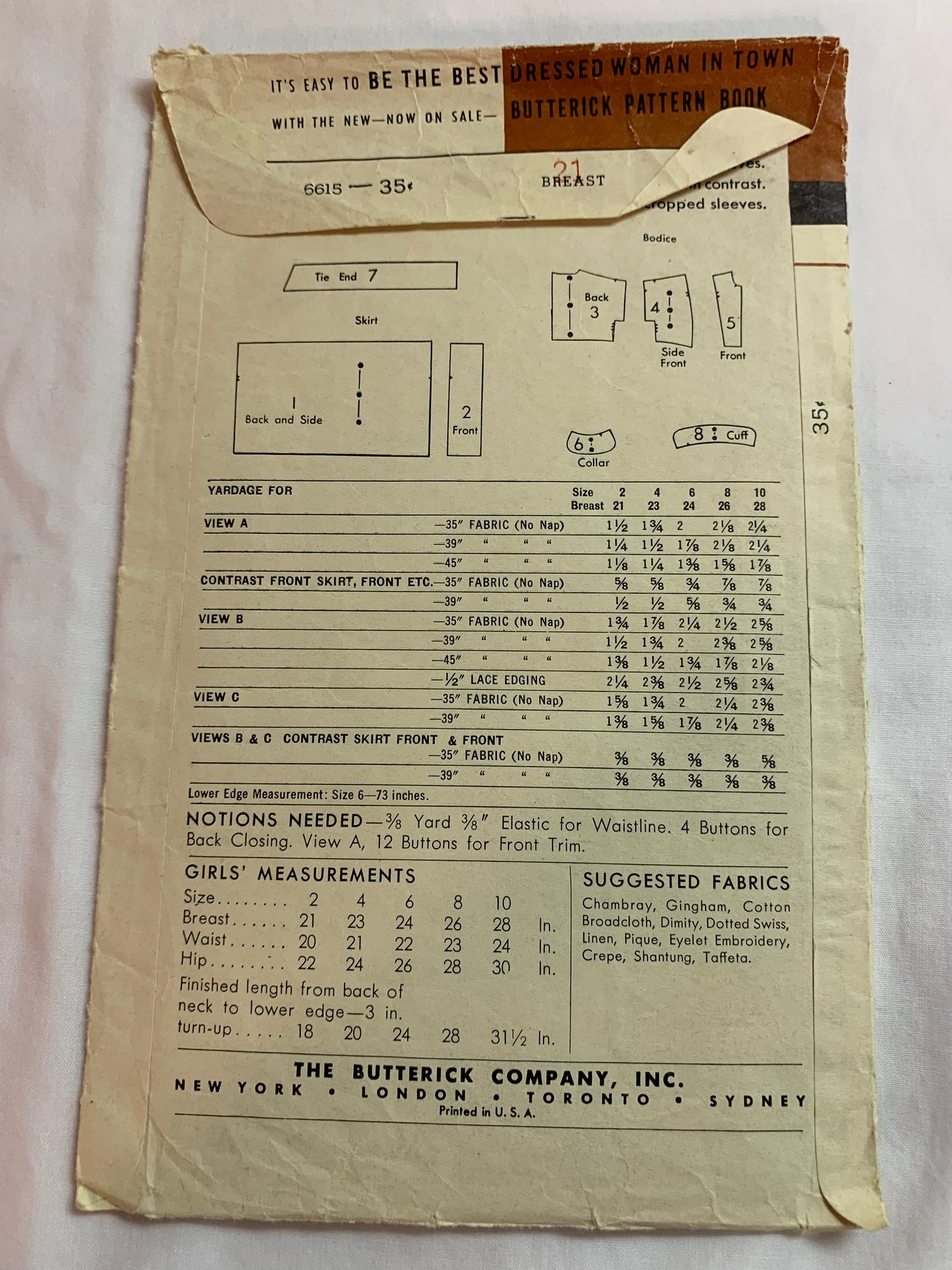 Butterick Sewing Pattern 6615 Girls' Dress, Elastic Waist, Tie Back, Gathered, Collar, Frills, Size 2, Cut, Vintage 1950