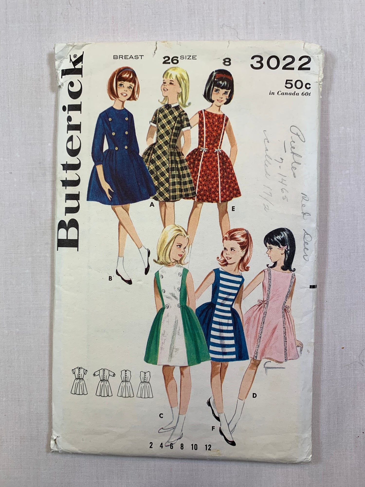 Butterick Sewing Pattern 3022 Girls' Dress6 Variations, Above Knee Length, Button Back, Princess Seams, Size 8, Cut, Vintage 1970