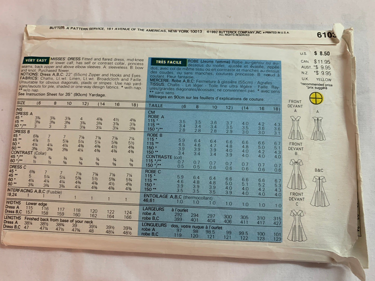 Butterick Sewing Pattern 6103 Misses' Dress, Two Lengths, Fitted, Zipper, Back, Princess Seams, Collar, Elbow Sleeves, Size 6-12, Uncut, Vintage 1992