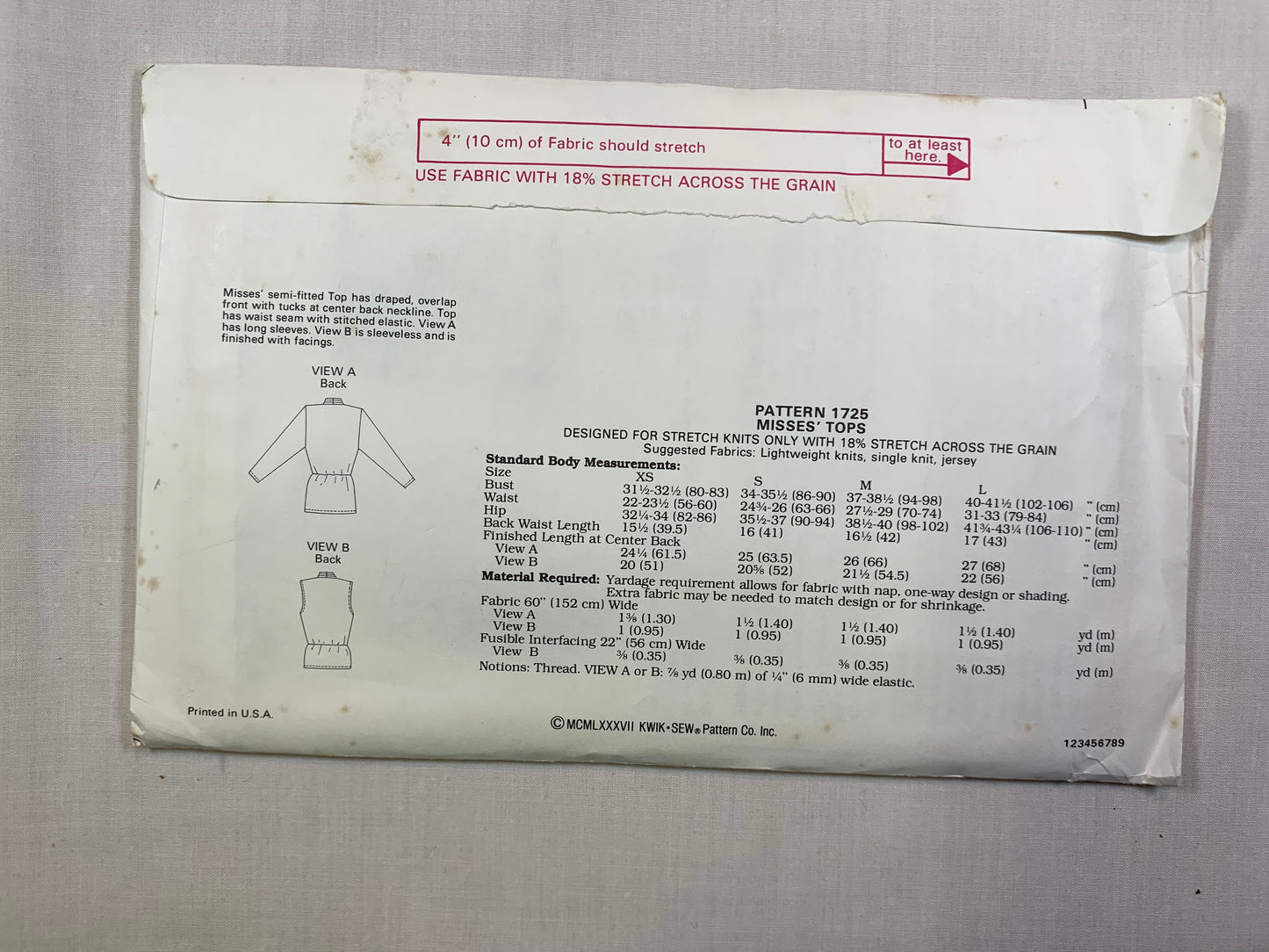 KWIK 1725 Misses' Shirts, Tops, Size XS-L, Uncut, Vintage 1988