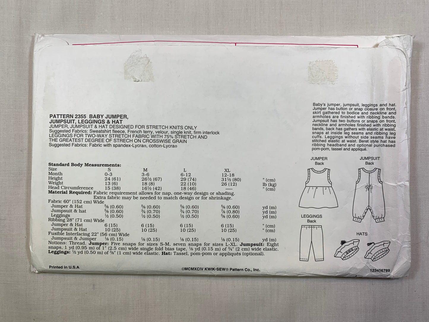 KWIK 2355 Baby Jumper, Jumpsuit, Leggings,Hat,, Size S-XL, Cut, Vintage 1994