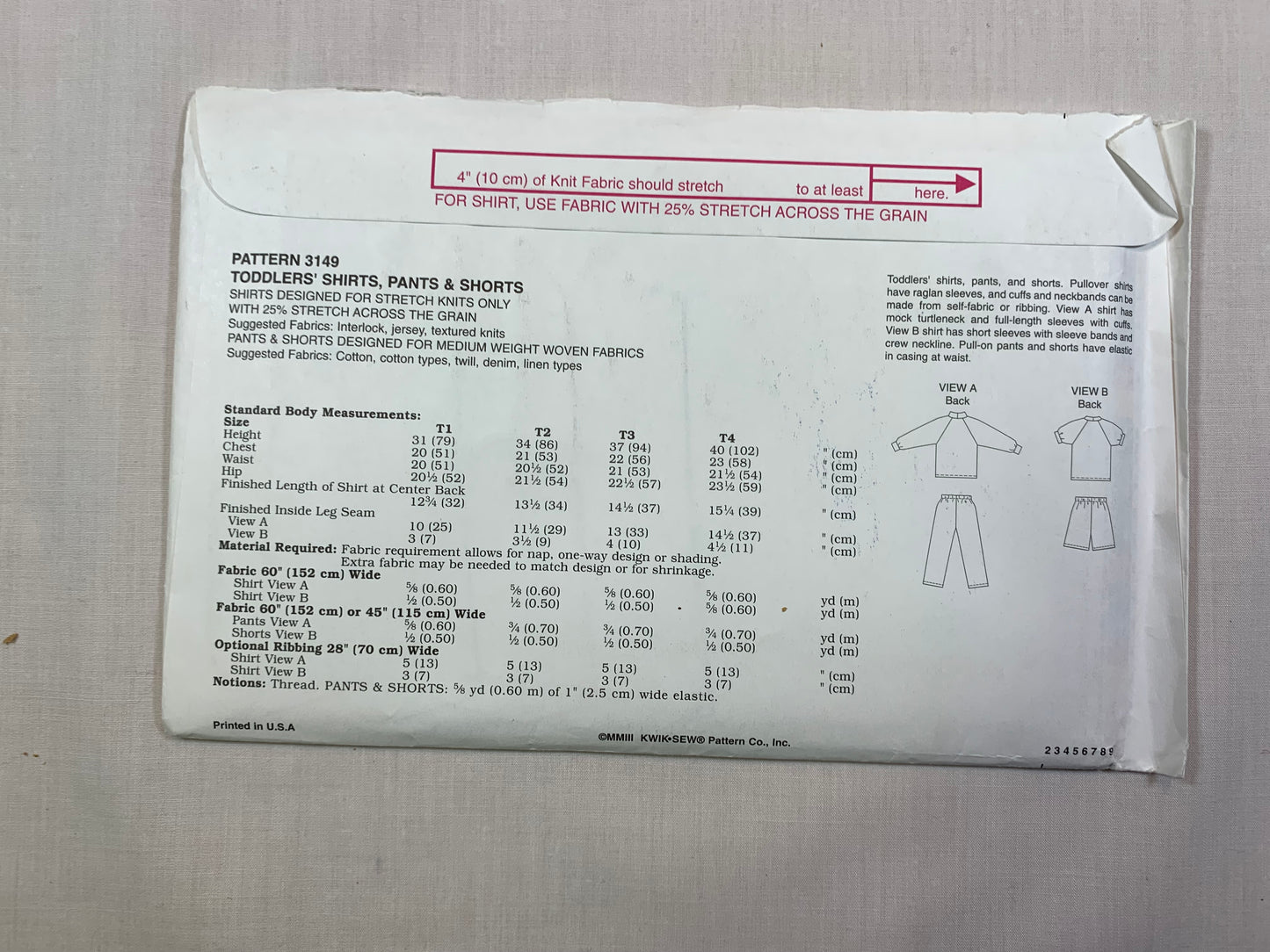 KWIK 3149 Boys' Girls' Top, Pants, Shorts, Size 1-4, Cut, 2003
