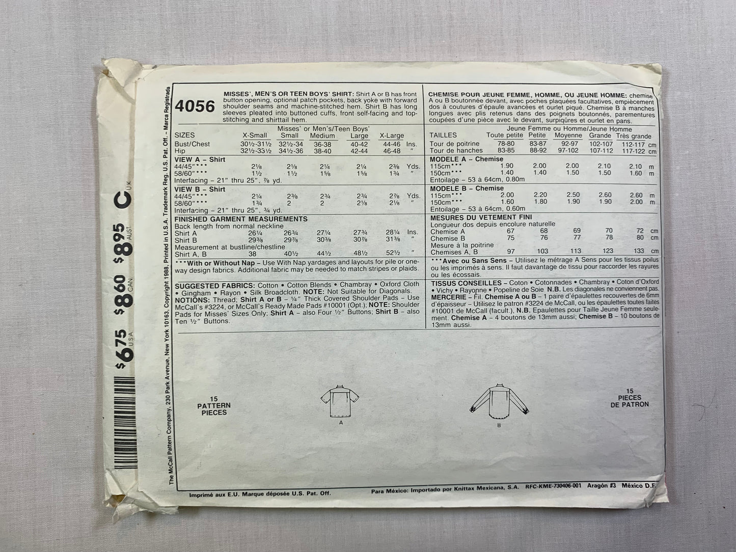 McCall's 4056 Misses' Men's Teens' Shirt, Size 40-42, Uncut, Vintage 1988