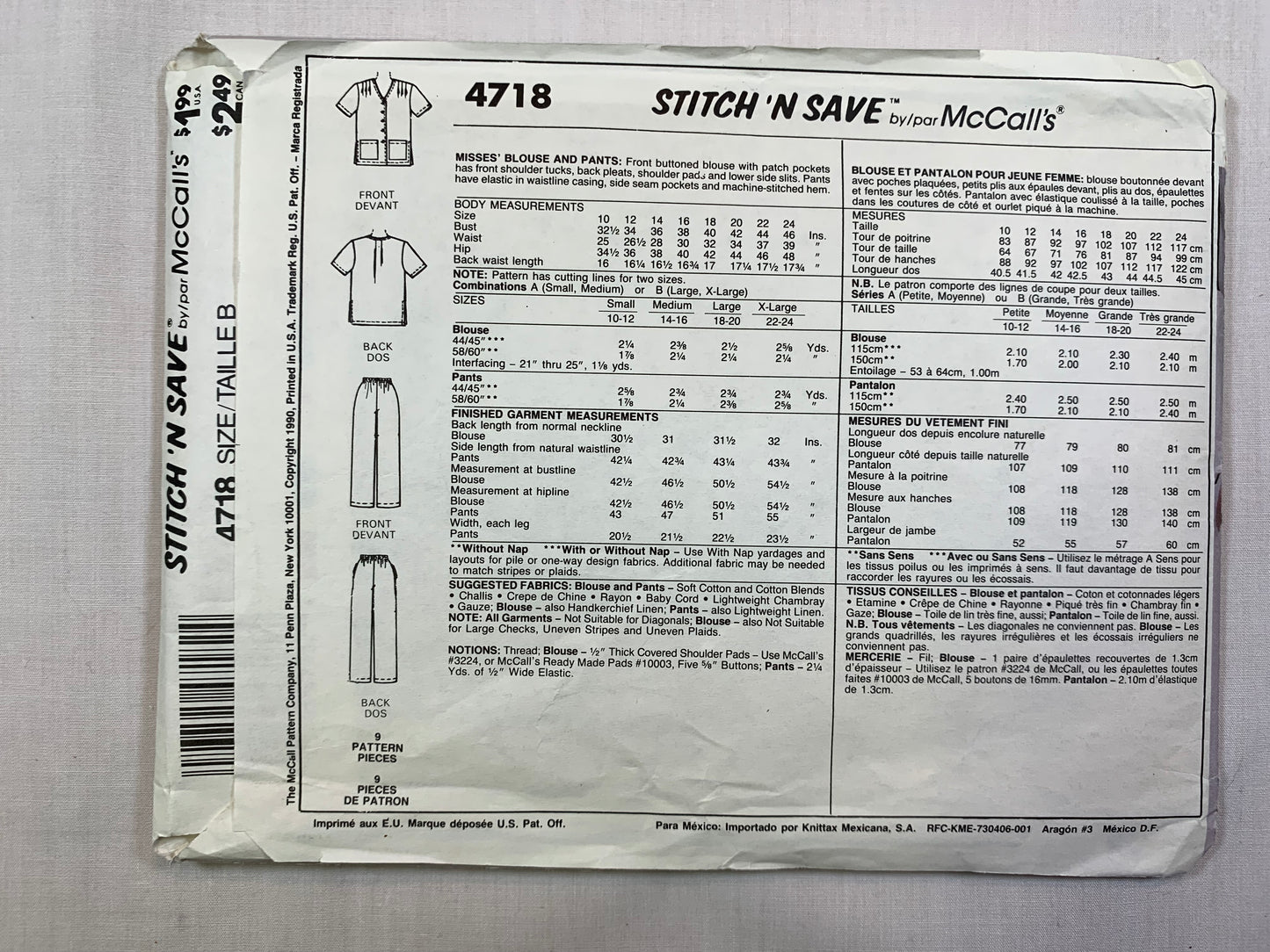 McCall's Sewing Pattern 4718 Misses' Blouse, Pants, Short Sleeves, Pockets, Elastic Waist, Button Front, Size 22-24, Cut, Vintage 1990