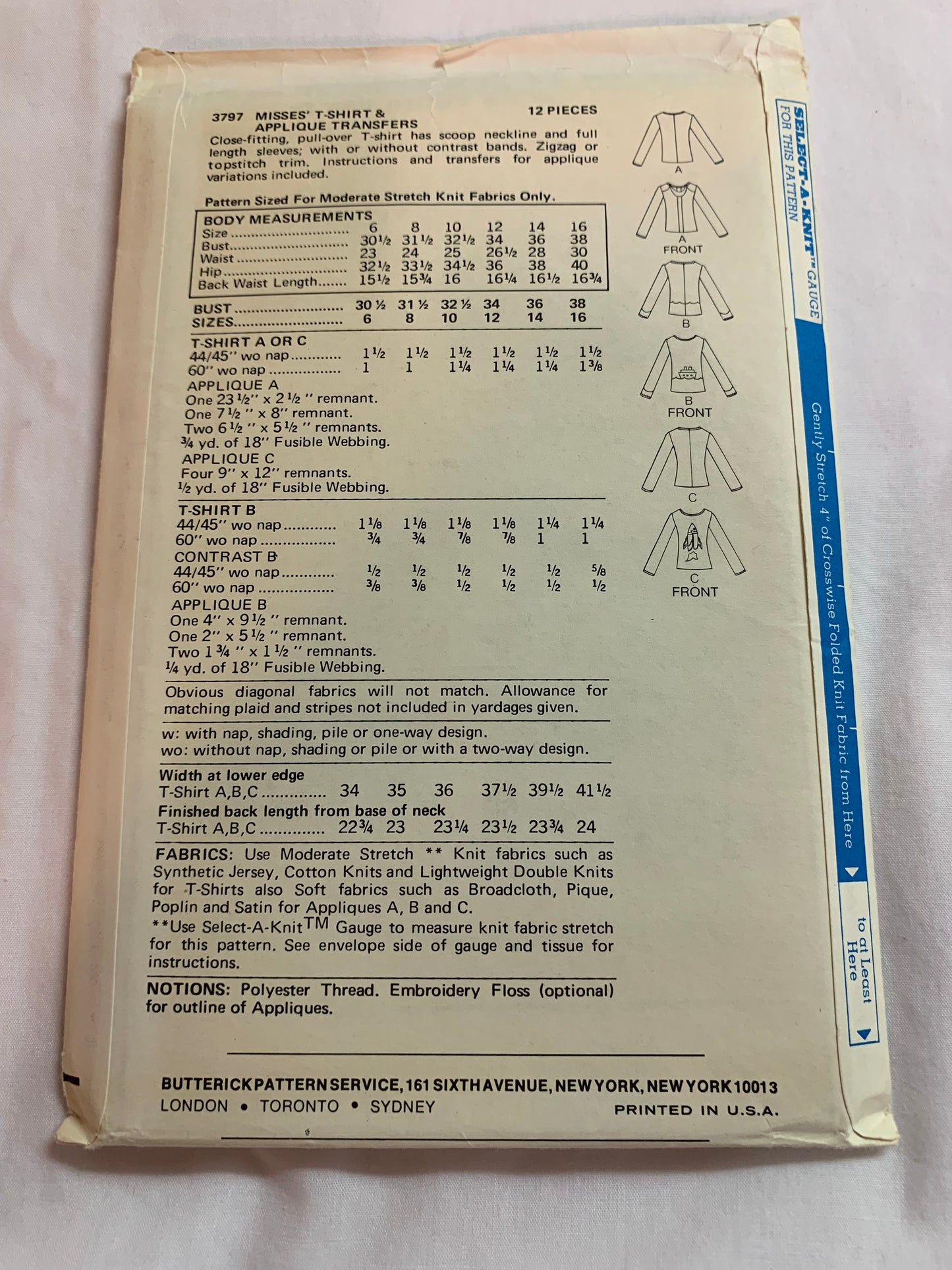 Butterick Sewing Pattern 3797 Misses' Top, Applique Transfers, Shirt, Long Sleeves, Collar, Pullover, Close Fitting, Size 14, Uncut, Vintage 1985