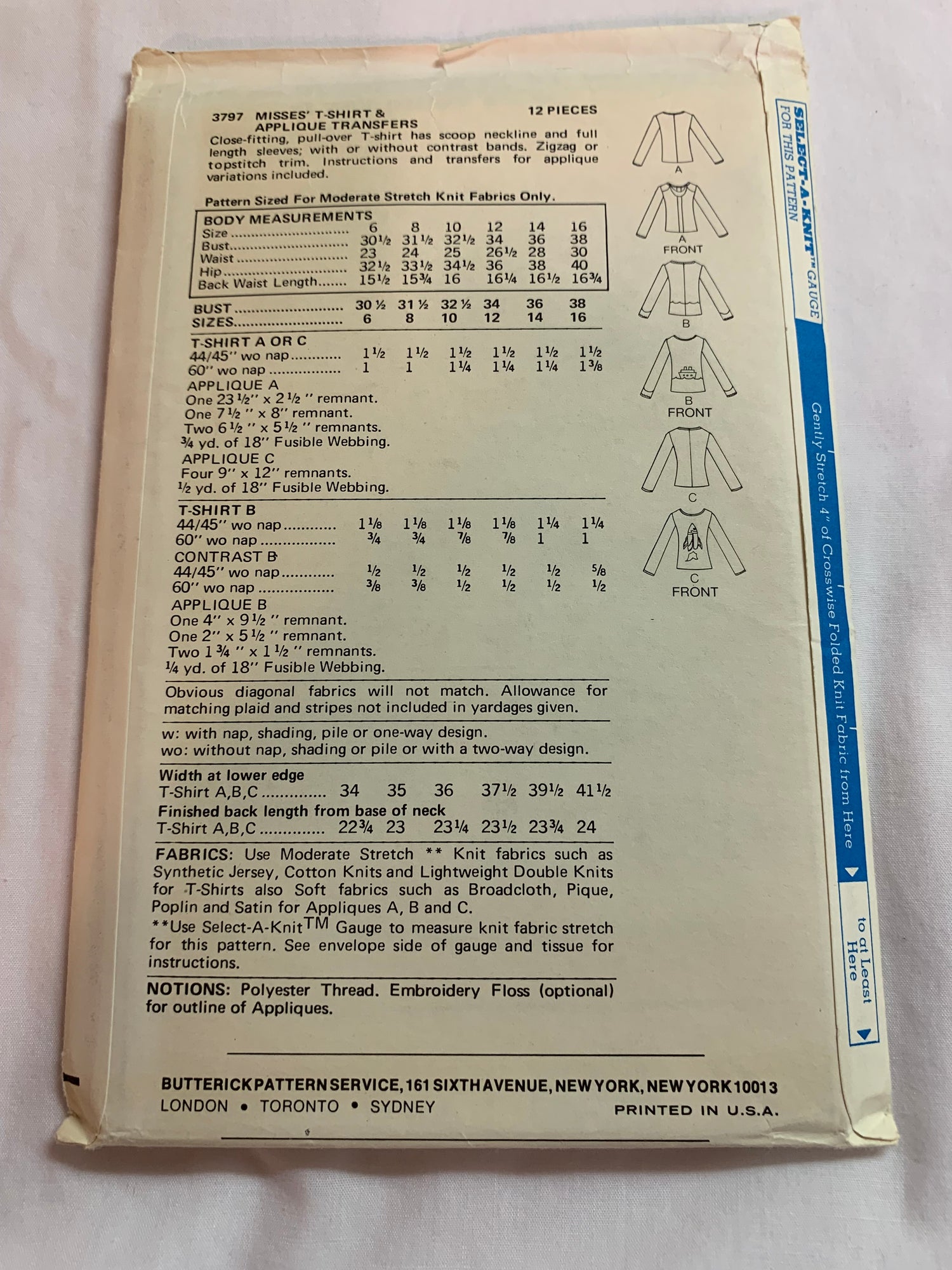 Butterick Sewing Pattern 3797 Misses' Top, Applique Transfers, Shirt, Long Sleeves, Collar, Pullover, Close Fitting, Size 14, Uncut, Vintage 1985