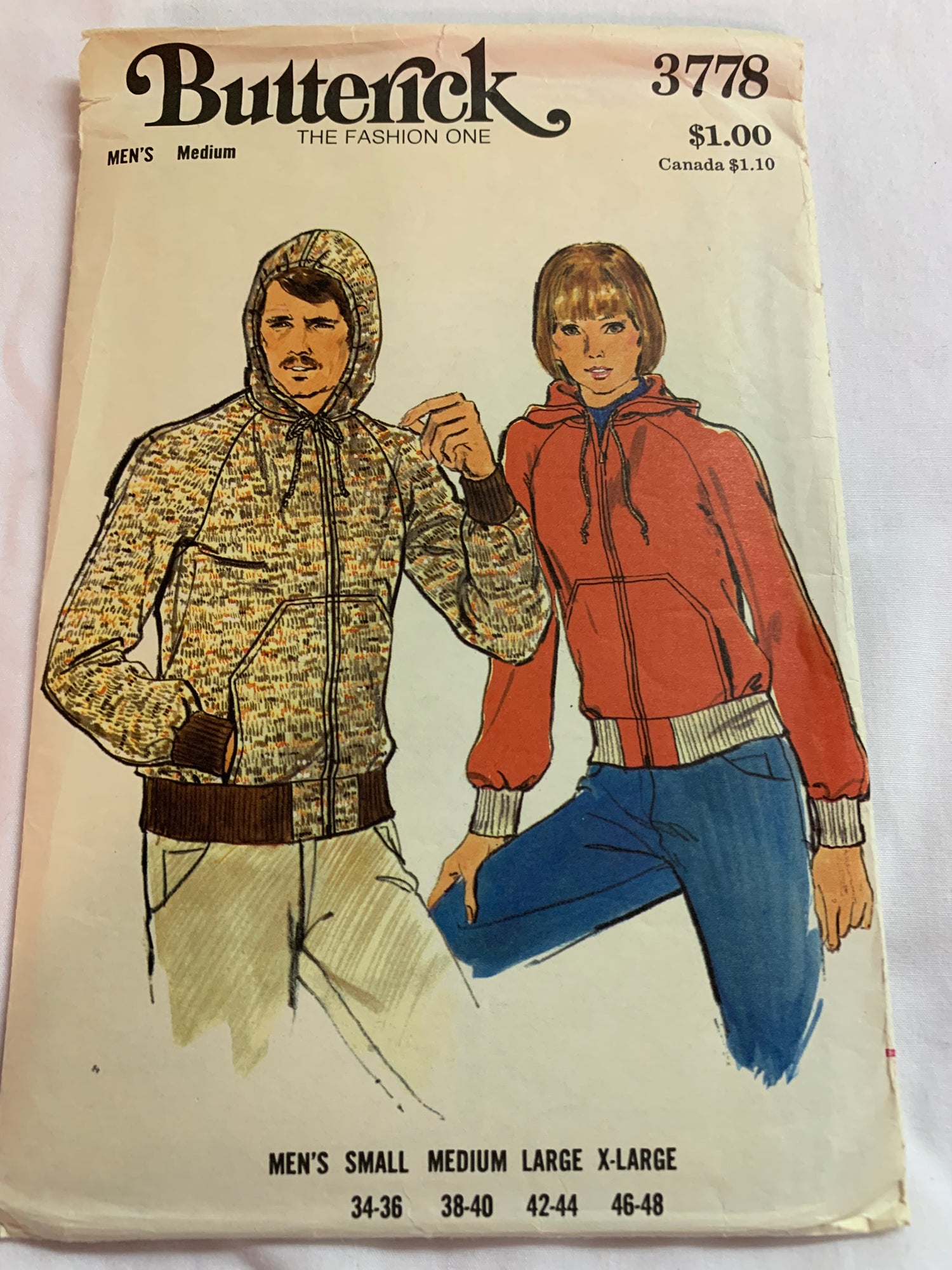 Butterick Sewing Pattern 3778 Misses'/Men's Unisex Sweatshirt, Long Sleeves, Loose-Fitting, Pockets, Zipper Front, Size 38-40, Cut, Vintage 1989