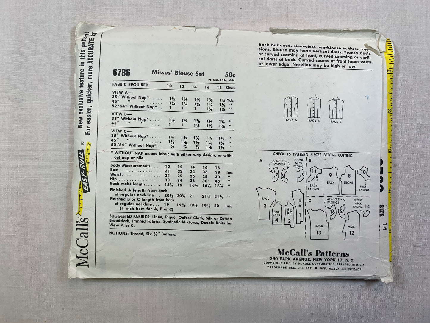 McCall's 6786 Misses' Blouse, Size 14, Cut, Vintage 1963